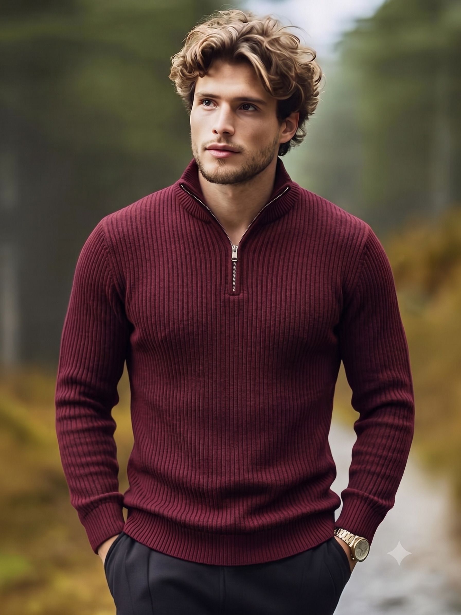 rufica Men Self Design Collared Neck Maroon Sweater-picture-12