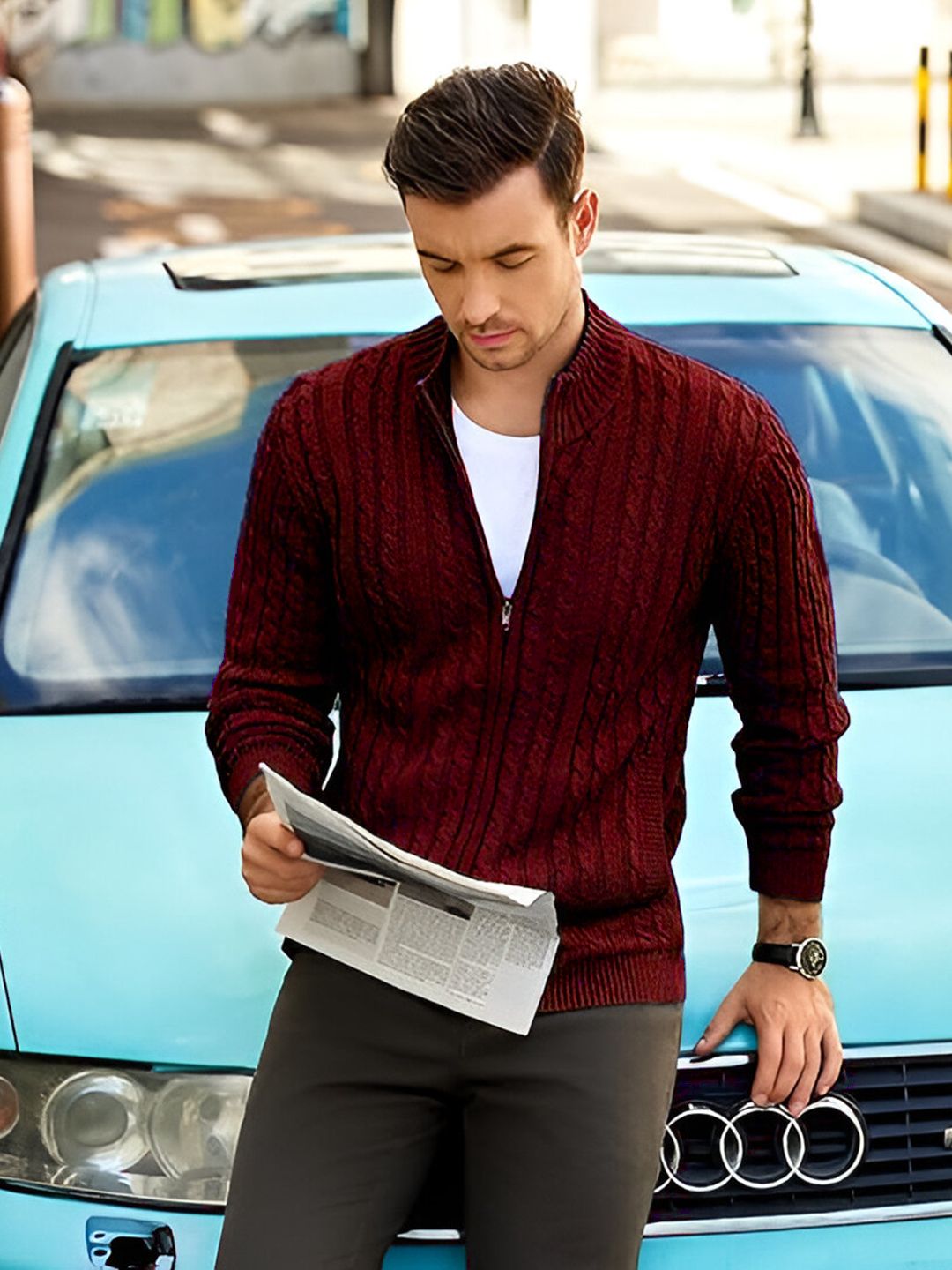 tysort Men Self Design Round Neck Maroon Sweater-picture-18