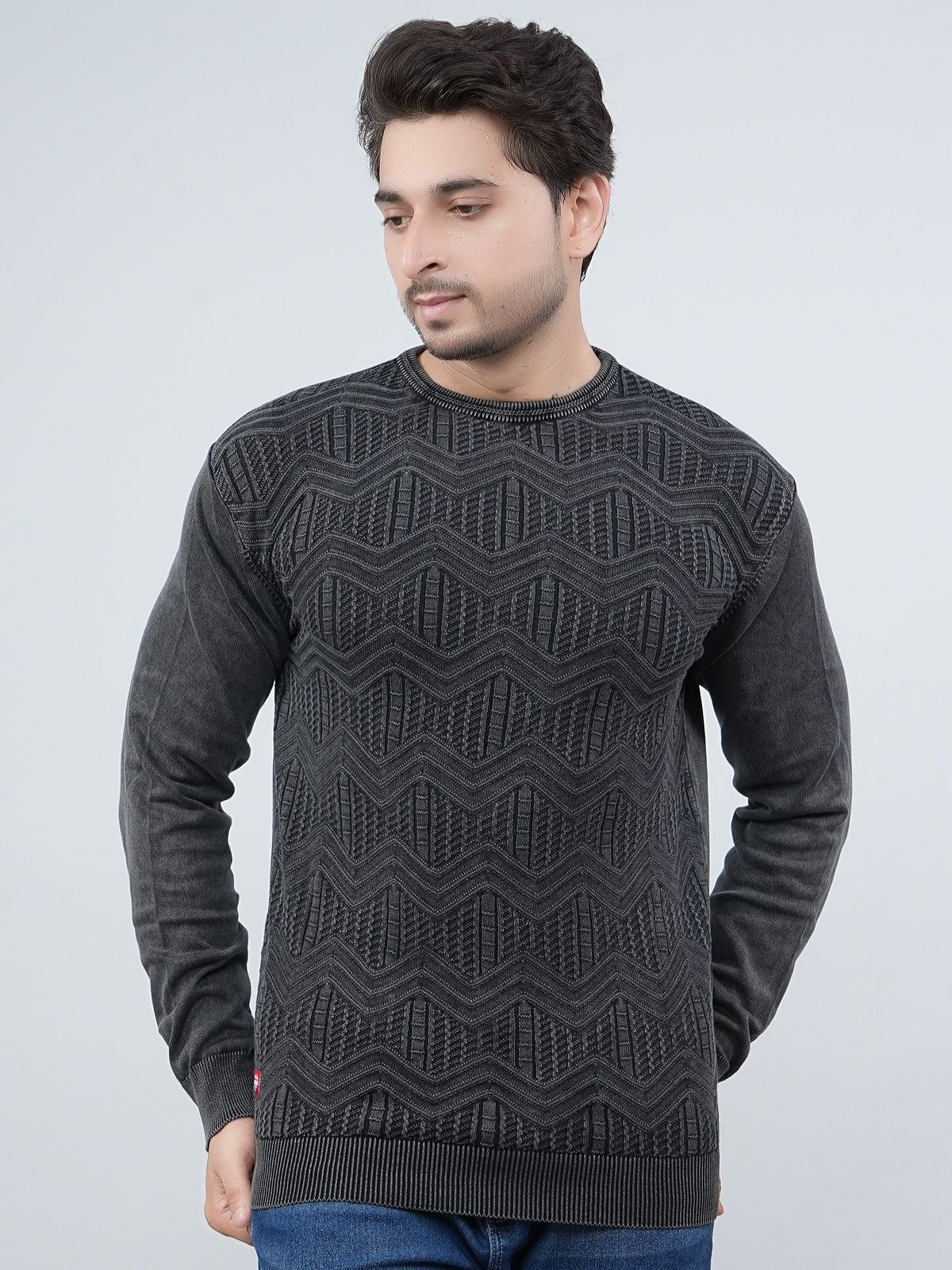 feverfew Men Self Design Round Neck Grey Sweater-picture-24
