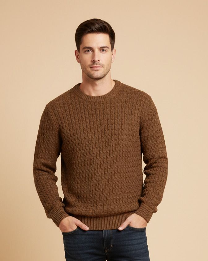 woolberry Men Self Design Round Neck Brown Sweater-picture-23