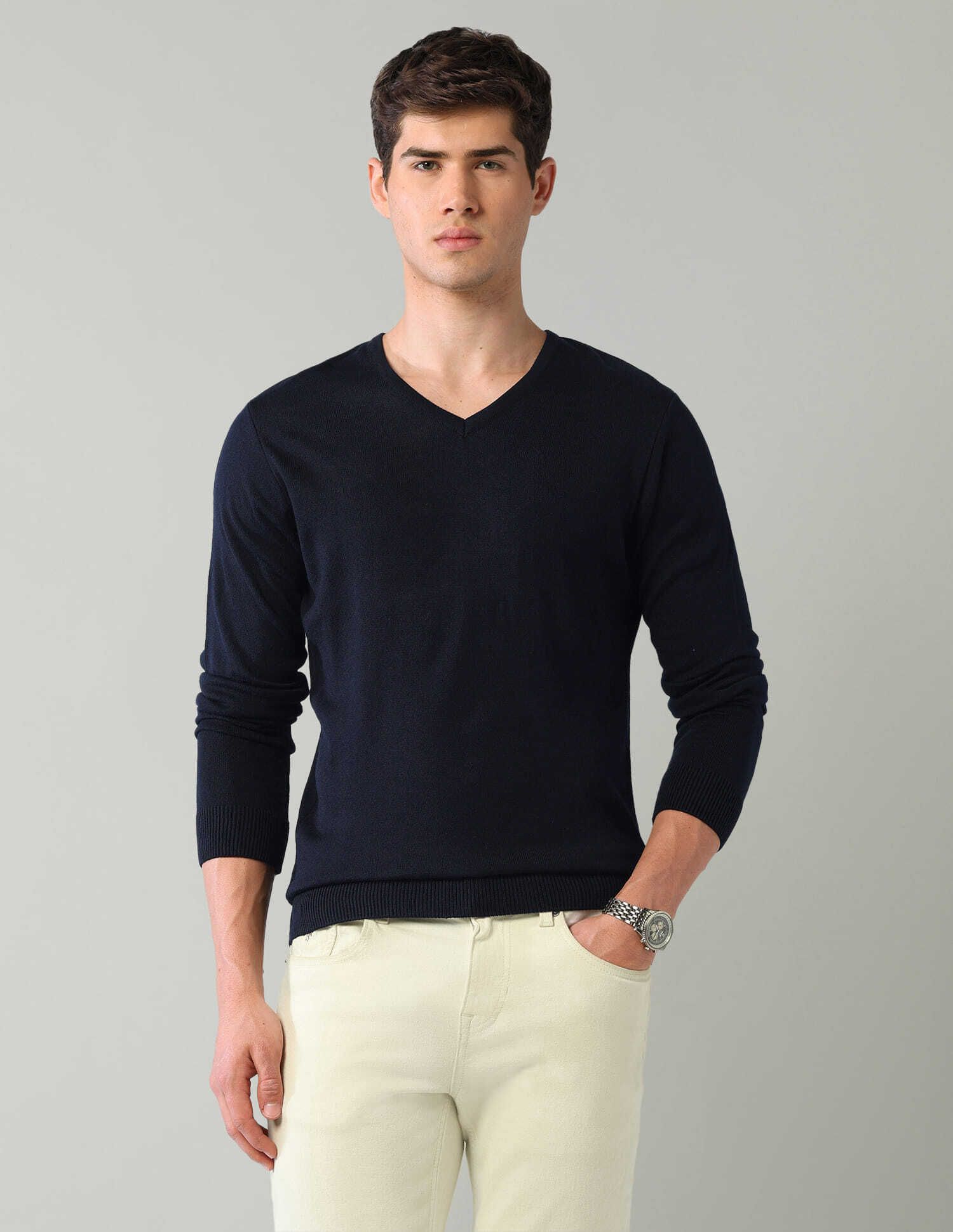 ad by arvind Men Self Design V Neck Blue Sweater-picture-44