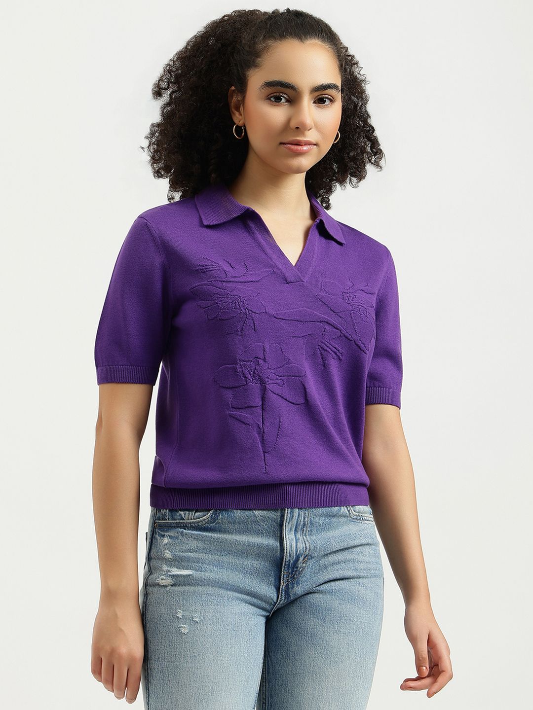united colors of benetton Women Self Design Collared Neck Purple Sweater-picture-17