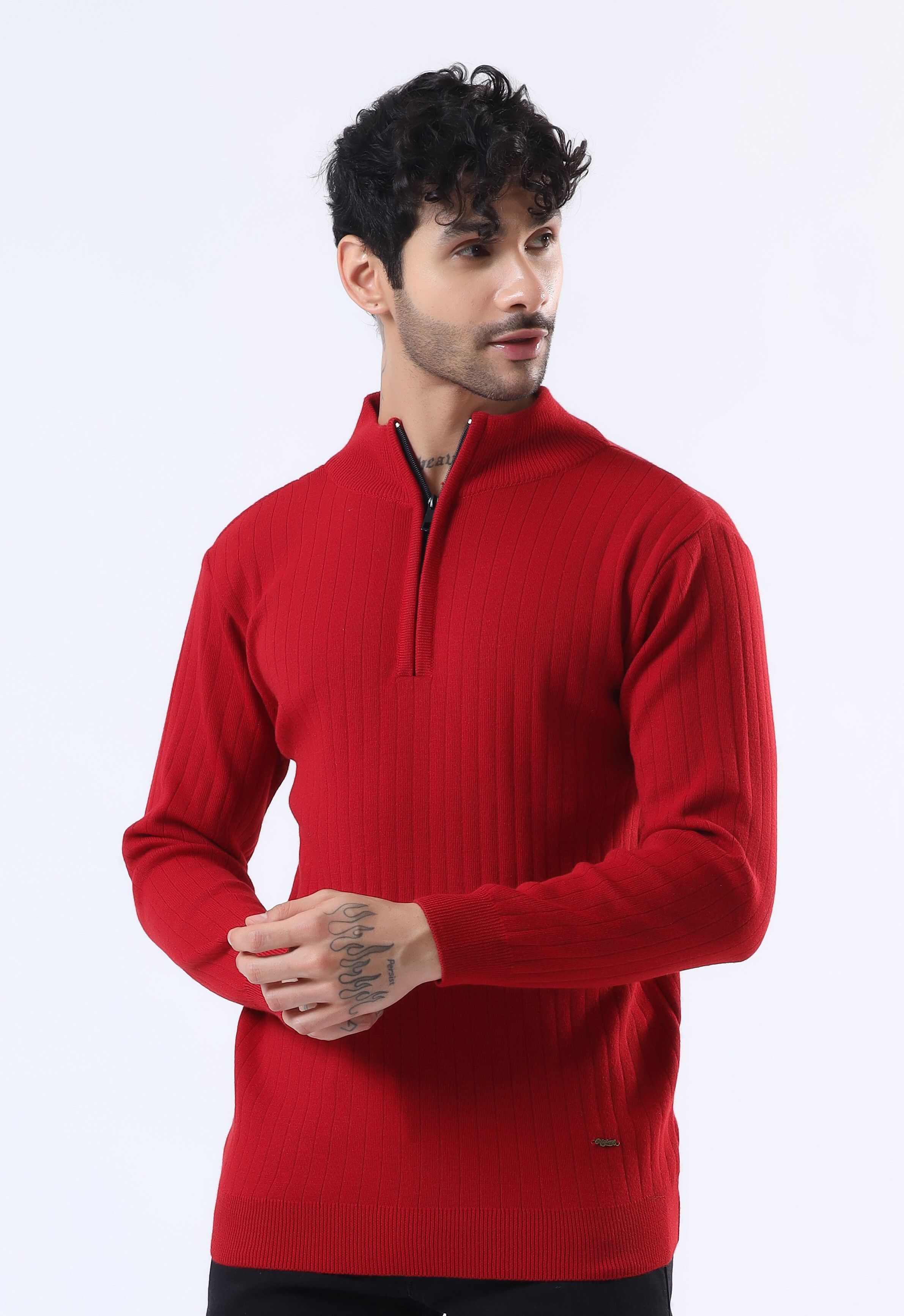 Men Solid High Neck Red Sweater-image-15