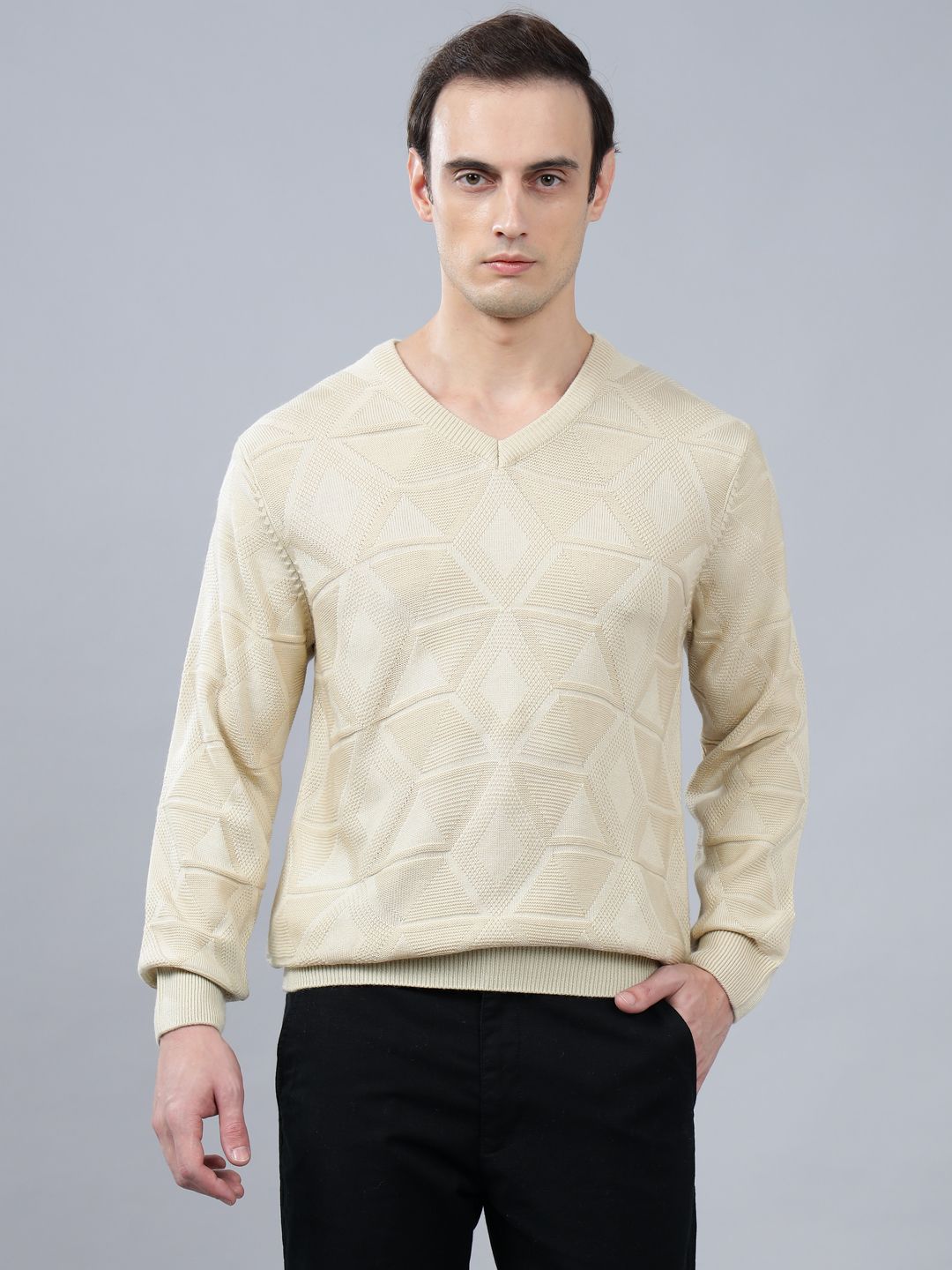 Men Self Design V Neck Beige Sweater-image-49