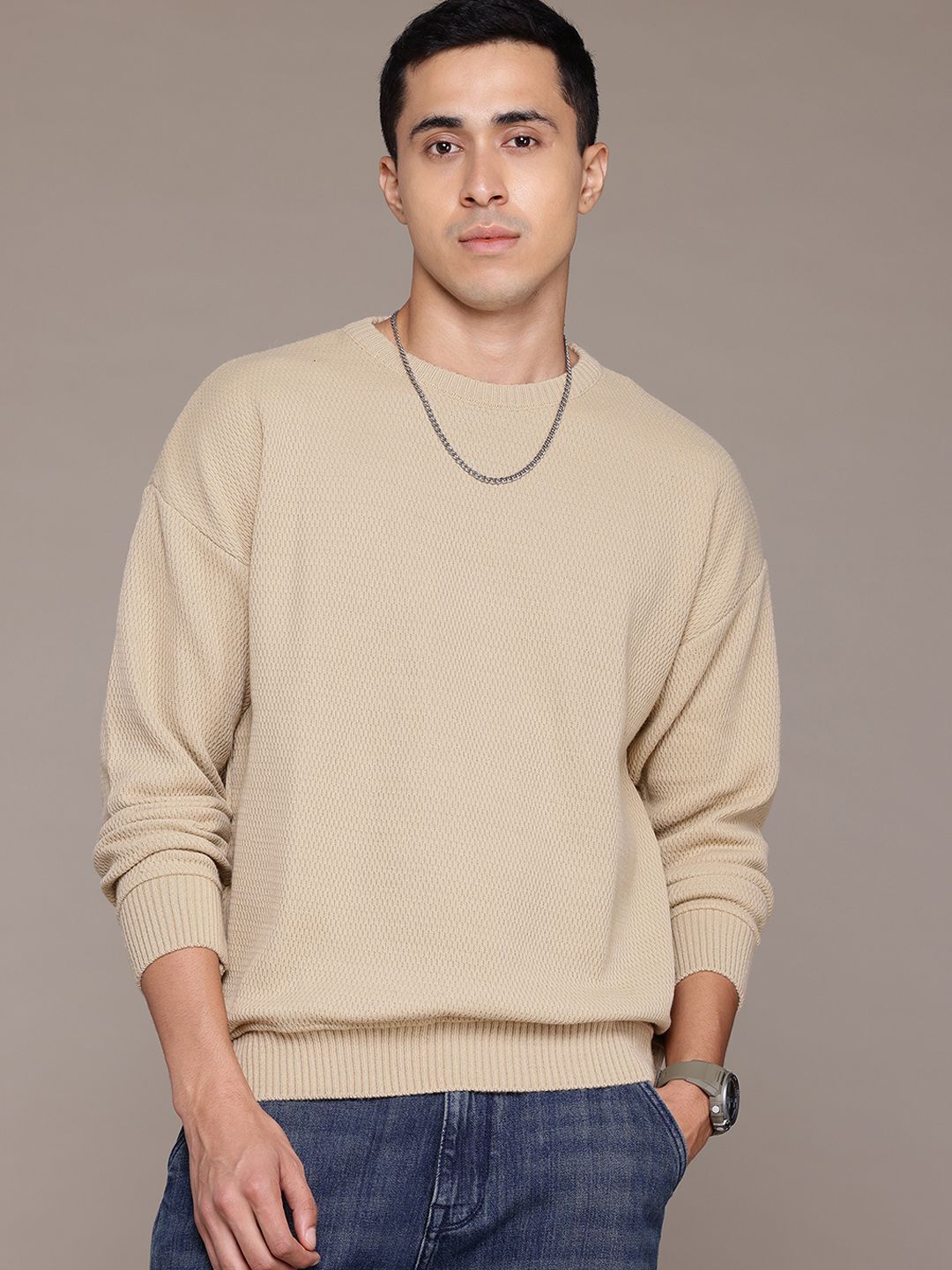 roadster Men Solid Round Neck Beige Sweater-picture-10