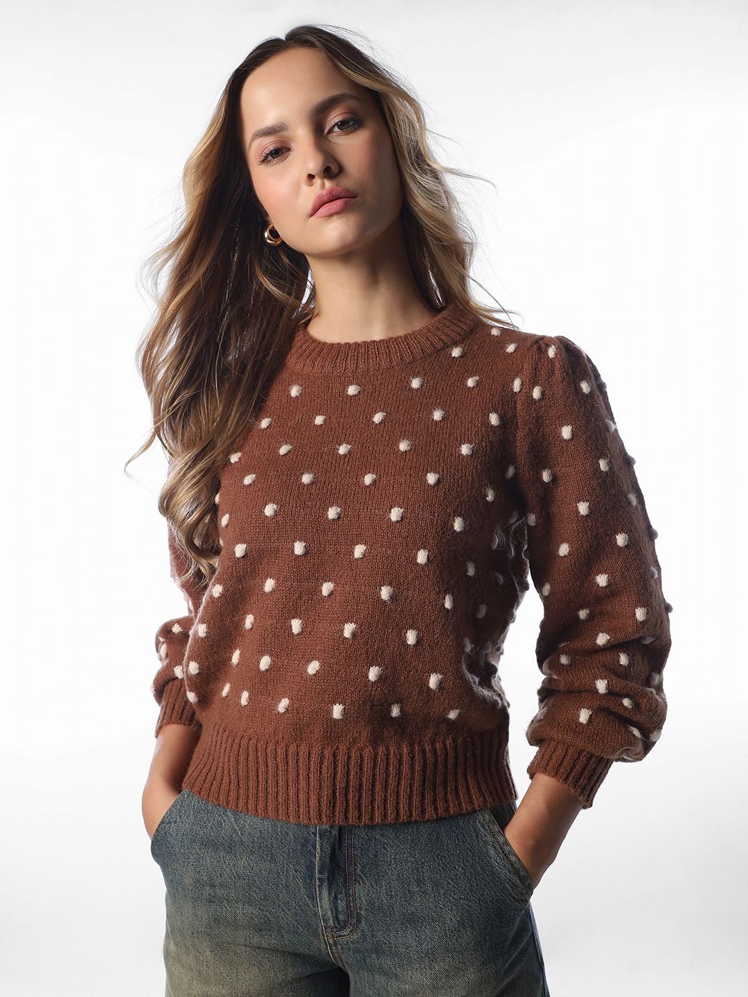 only Women Self Design Round Neck Brown Sweater-picture-14