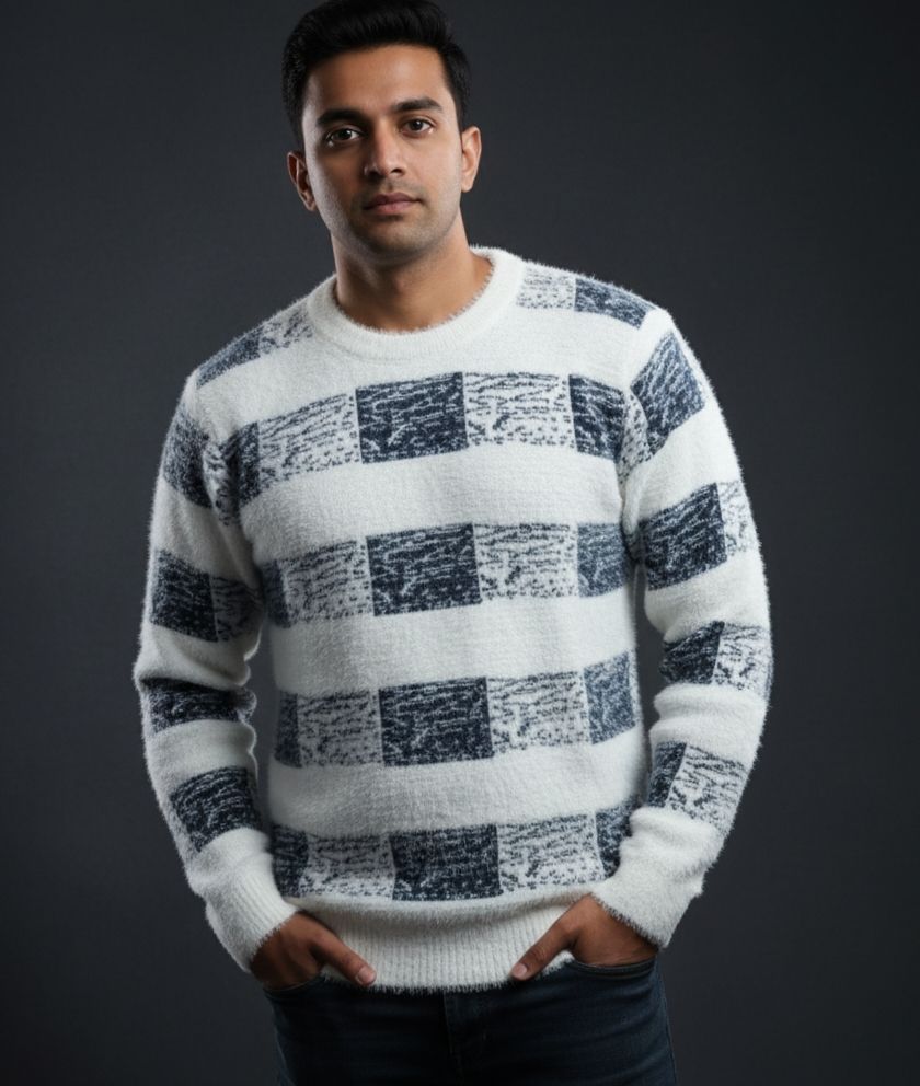 Men Geometric Print Crew Neck White Sweater-image-21