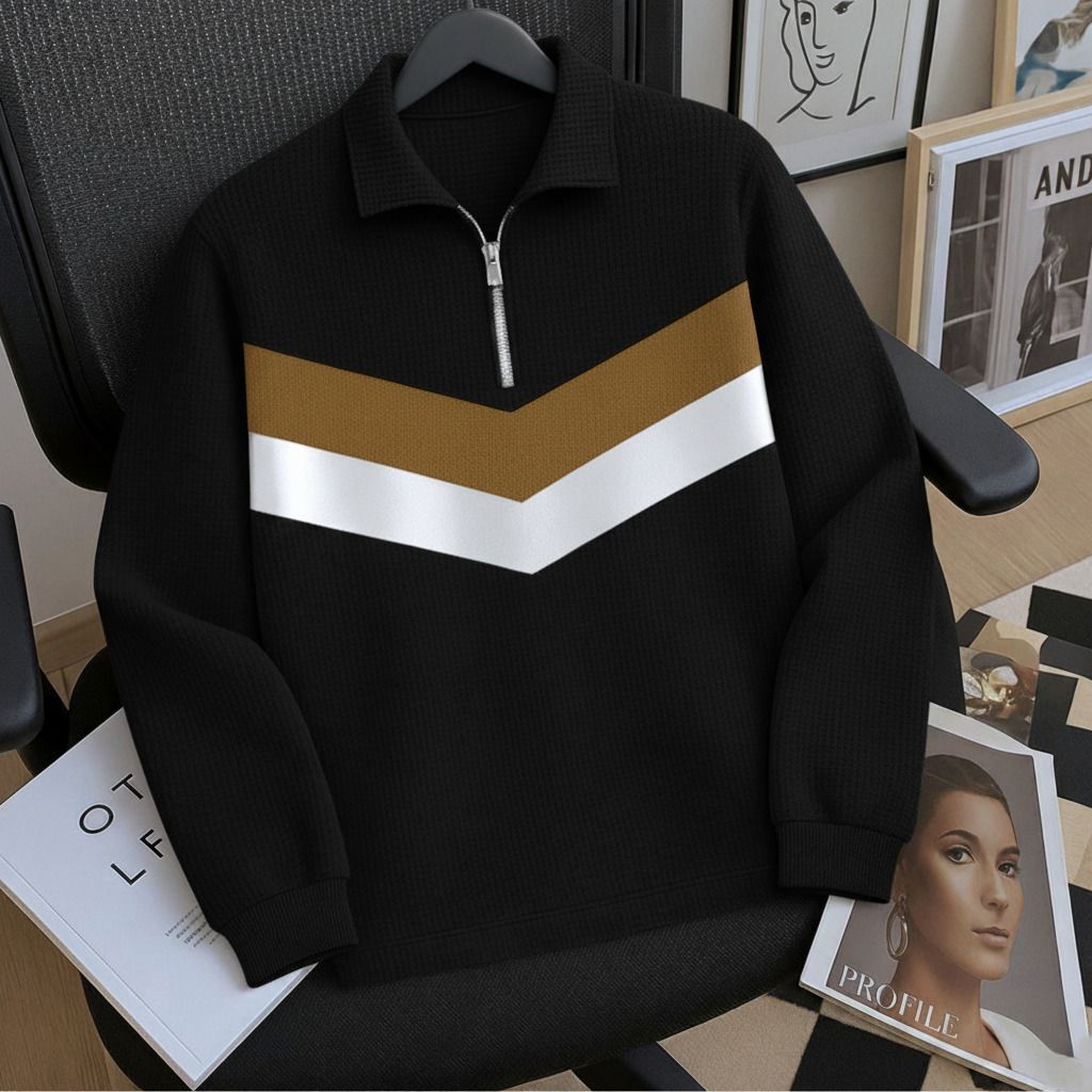 Men Striped Collared Neck Black Sweater-image-36