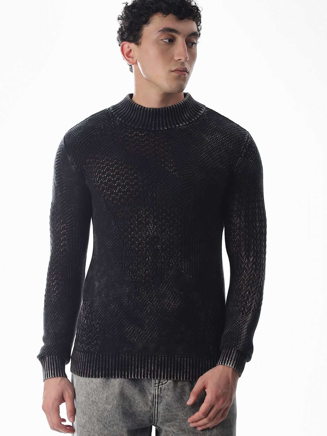 Men Self Design High Neck Grey Sweater-image-44