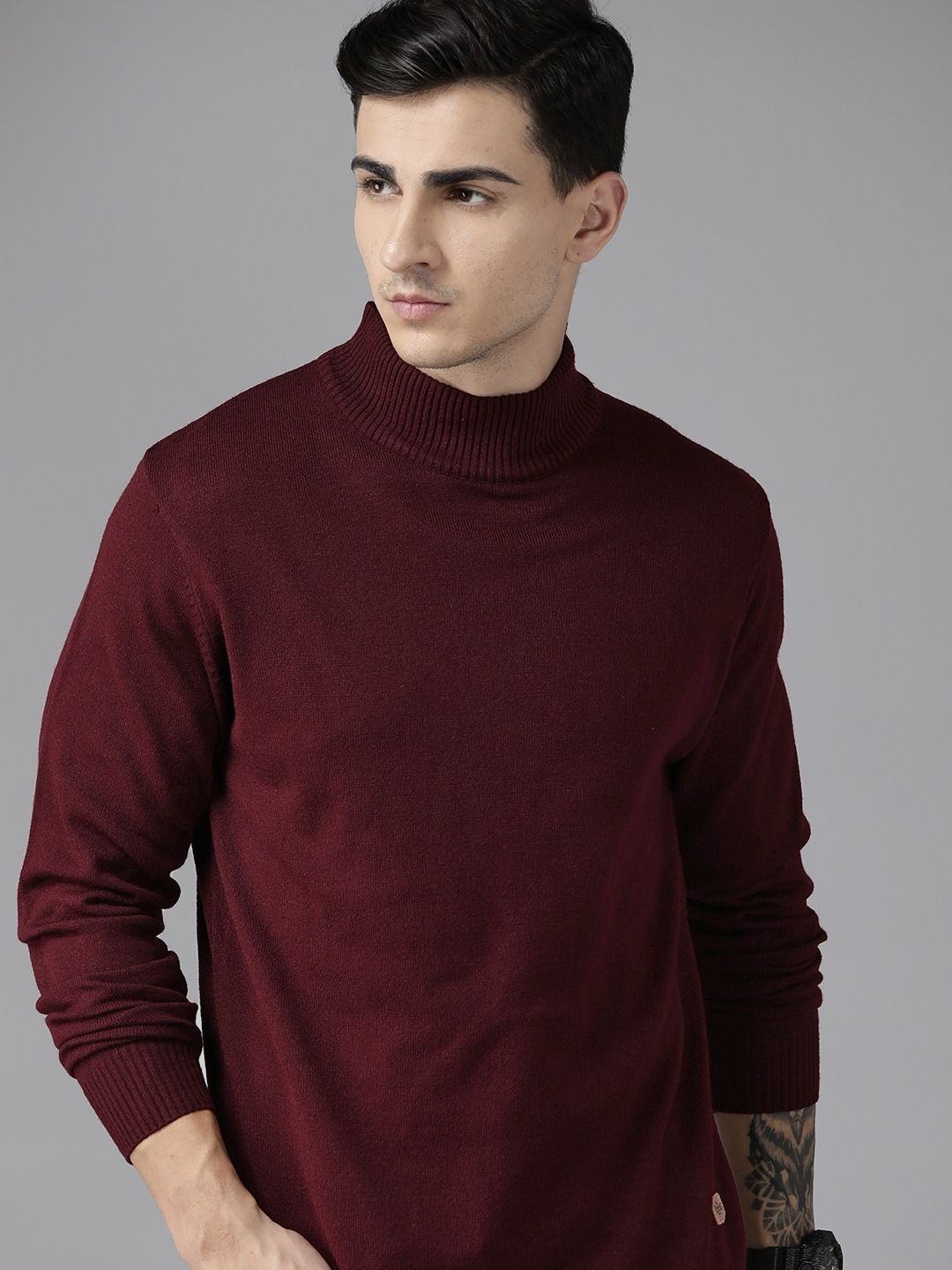 roadster Men Printed Turtle Neck Maroon Sweater-picture-34