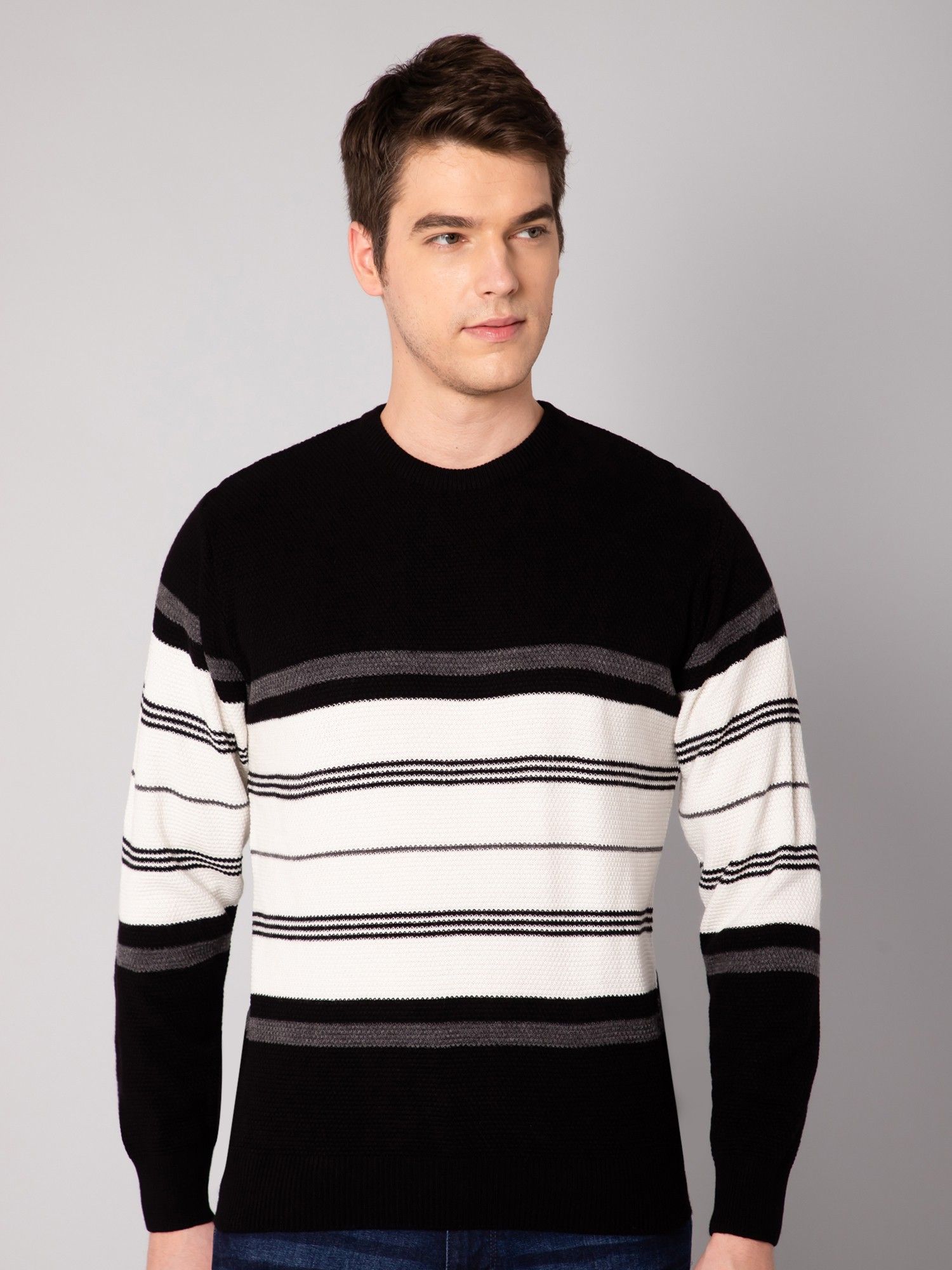 cantabil Men Striped Round Neck Black Sweater-picture-24