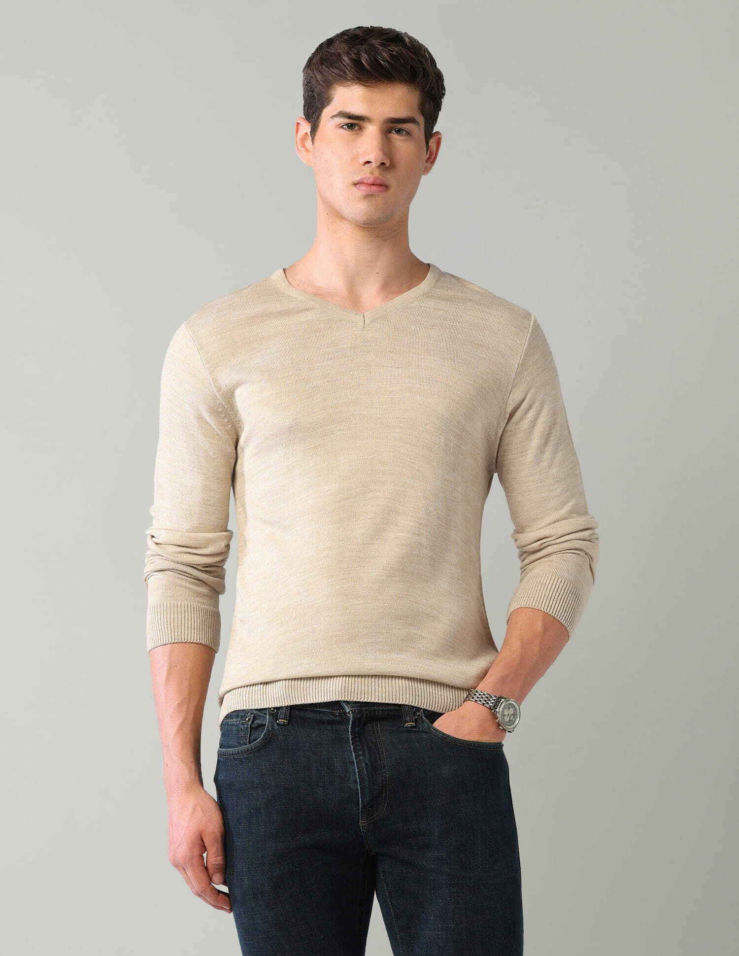 Men Solid V Neck Beige Sweater-image-4
