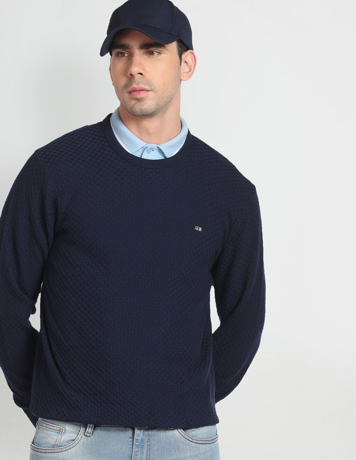 arrow sport Men Self Design Crew Neck Blue Sweater-picture-18
