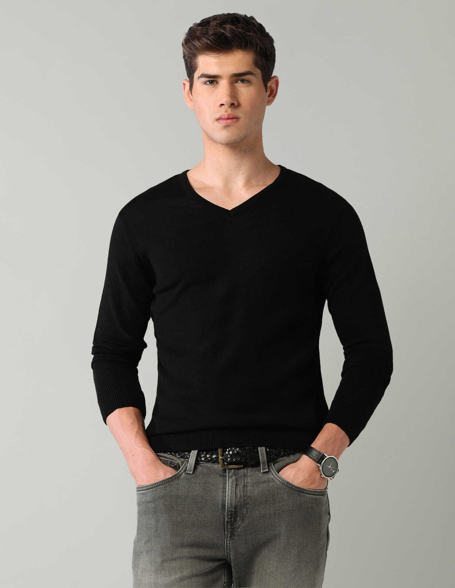 Men Solid V Neck Black Sweater-image-47