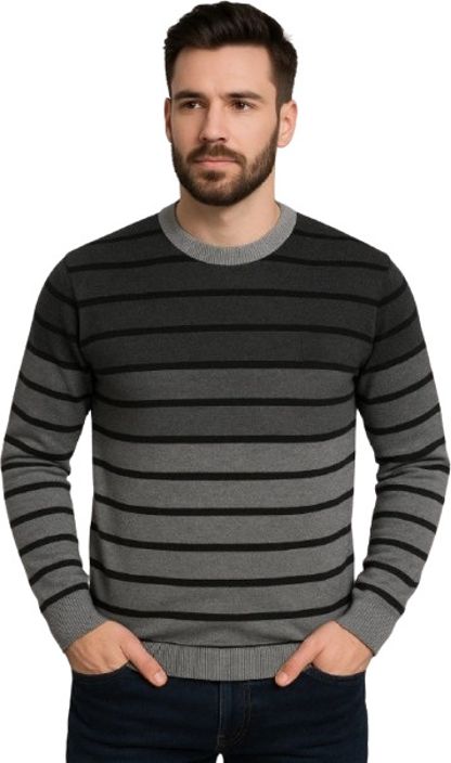 metronaut Men Striped Round Neck Grey Sweater-picture-19