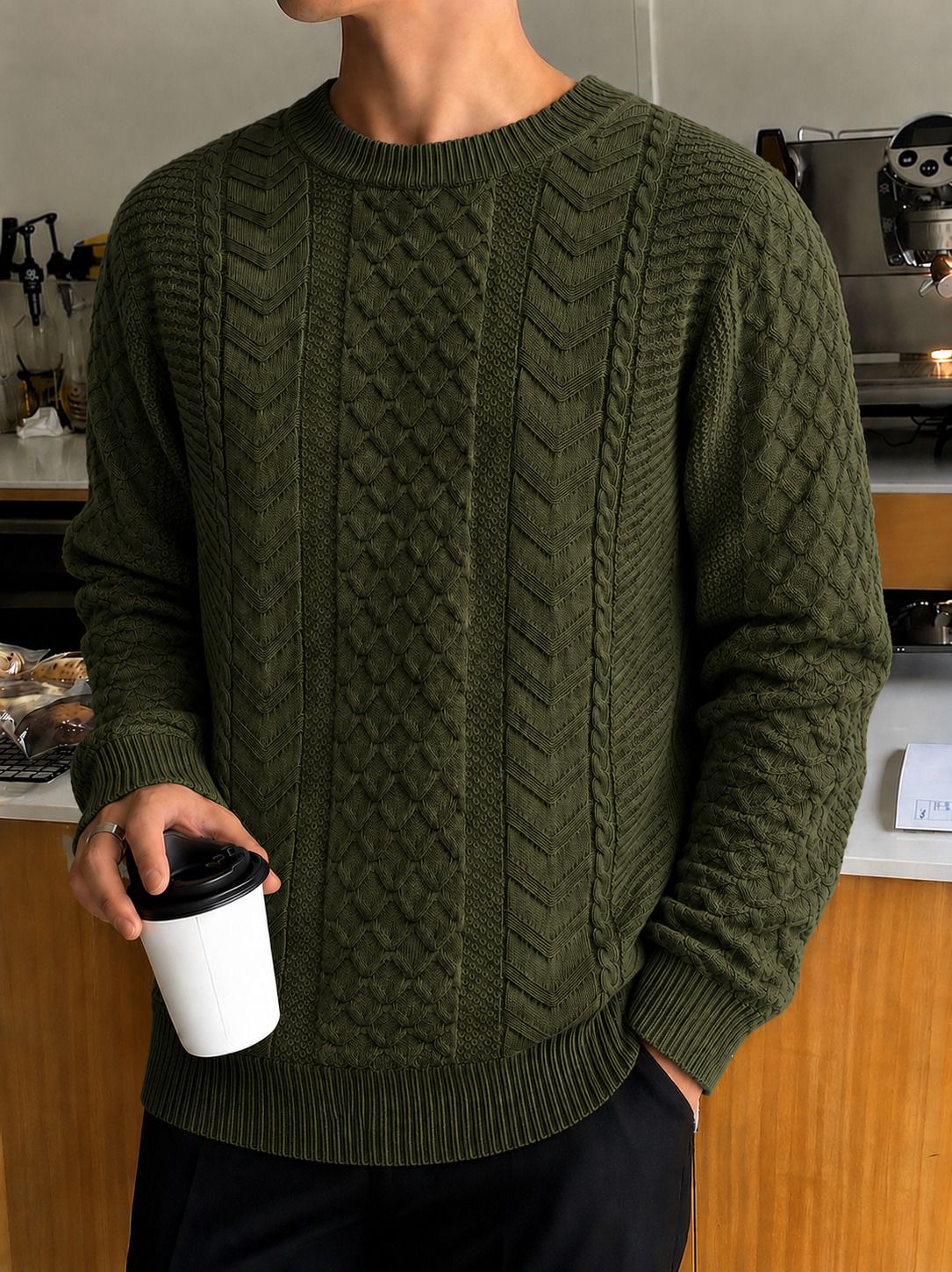 Men Graphic Print Crew Neck Dark Green Sweater-image-31