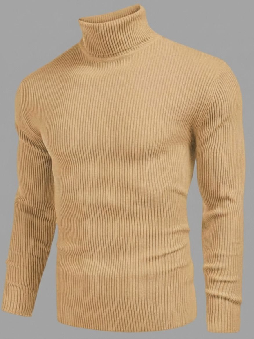 Men Solid High Neck Brown Sweater