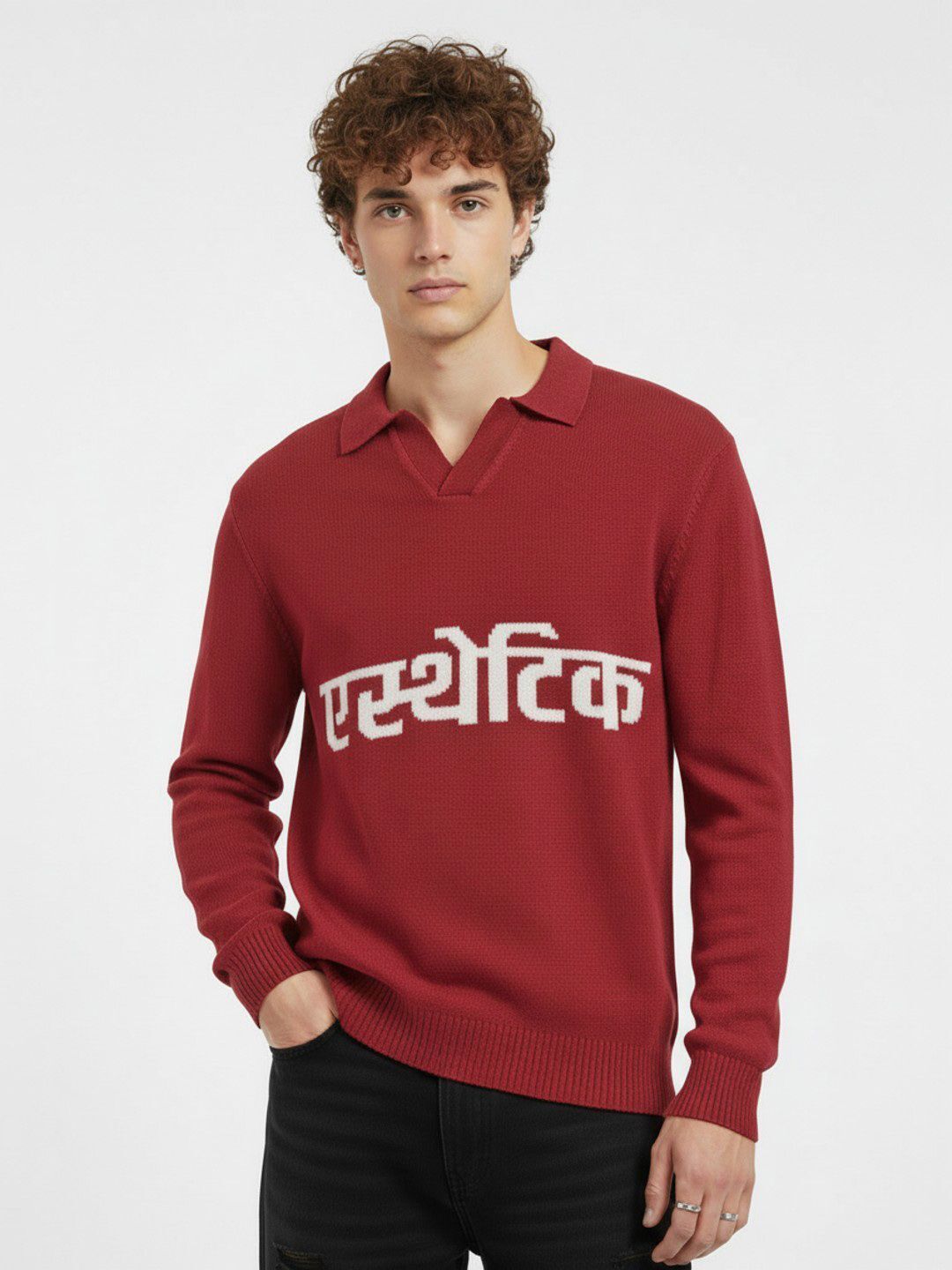 glitchez Men Self Design Collared Neck Maroon Sweater-picture-38