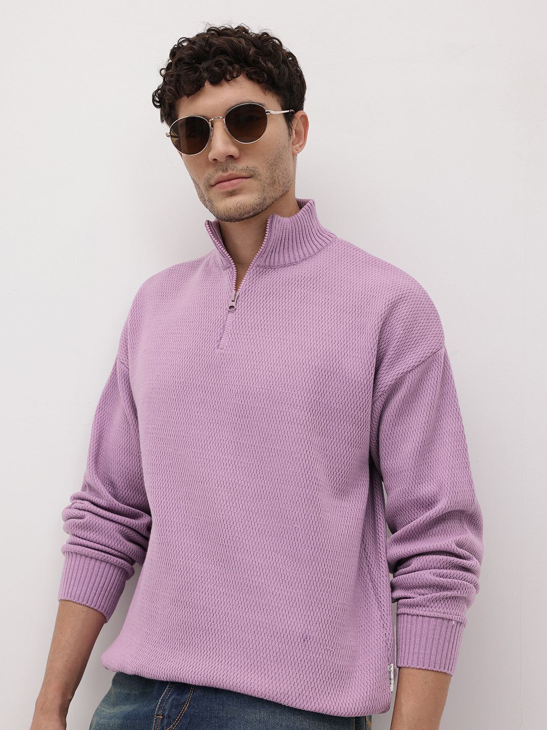 Men Geometric Print Peter Pan Collar Purple Sweater-image-1