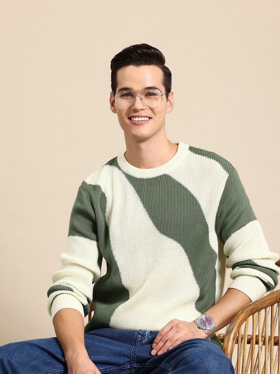mast & harbour Men Self Design Round Neck White Sweater-picture-21