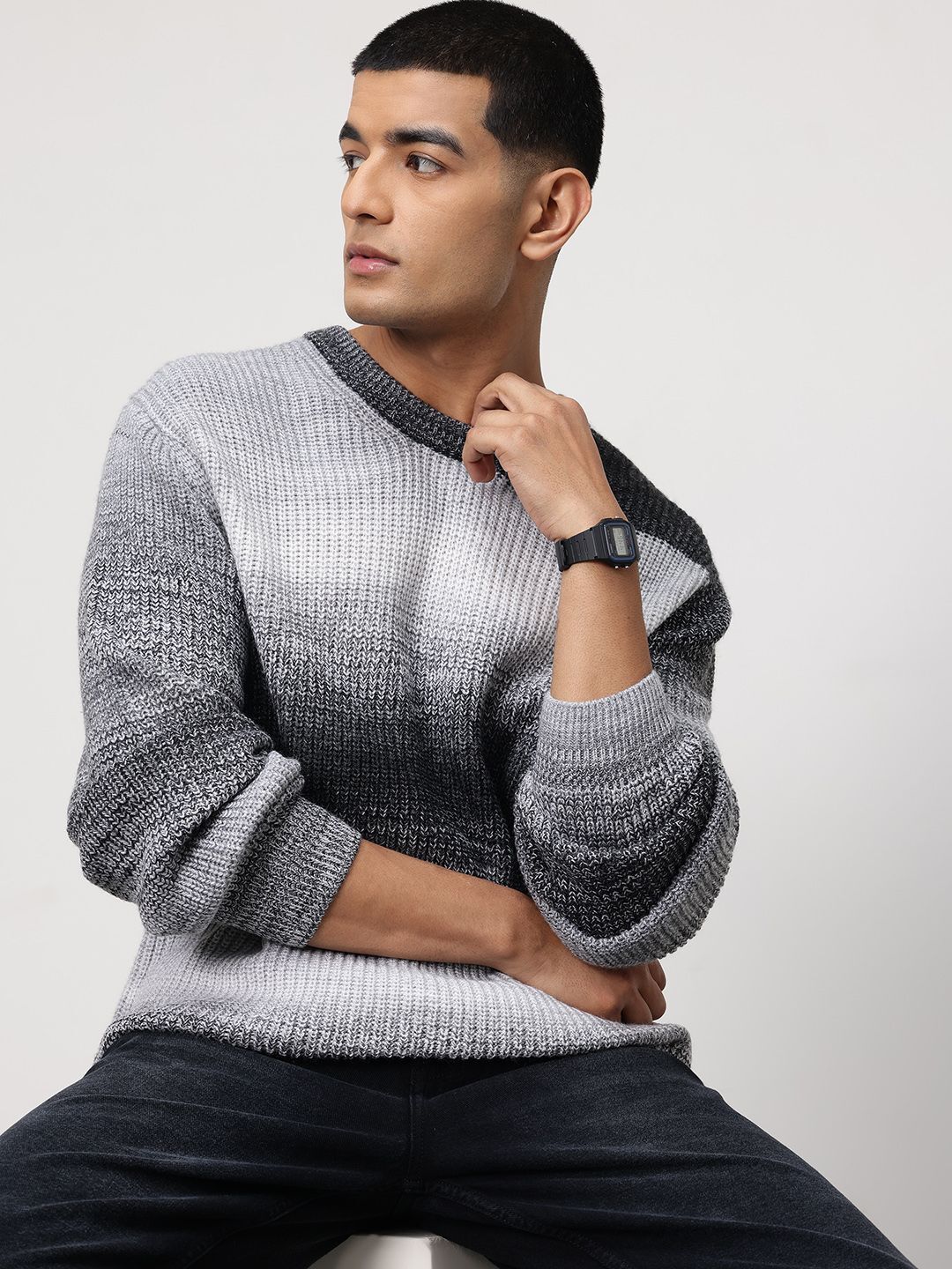 ether Men Self Design Round Neck Black Sweater-picture-12