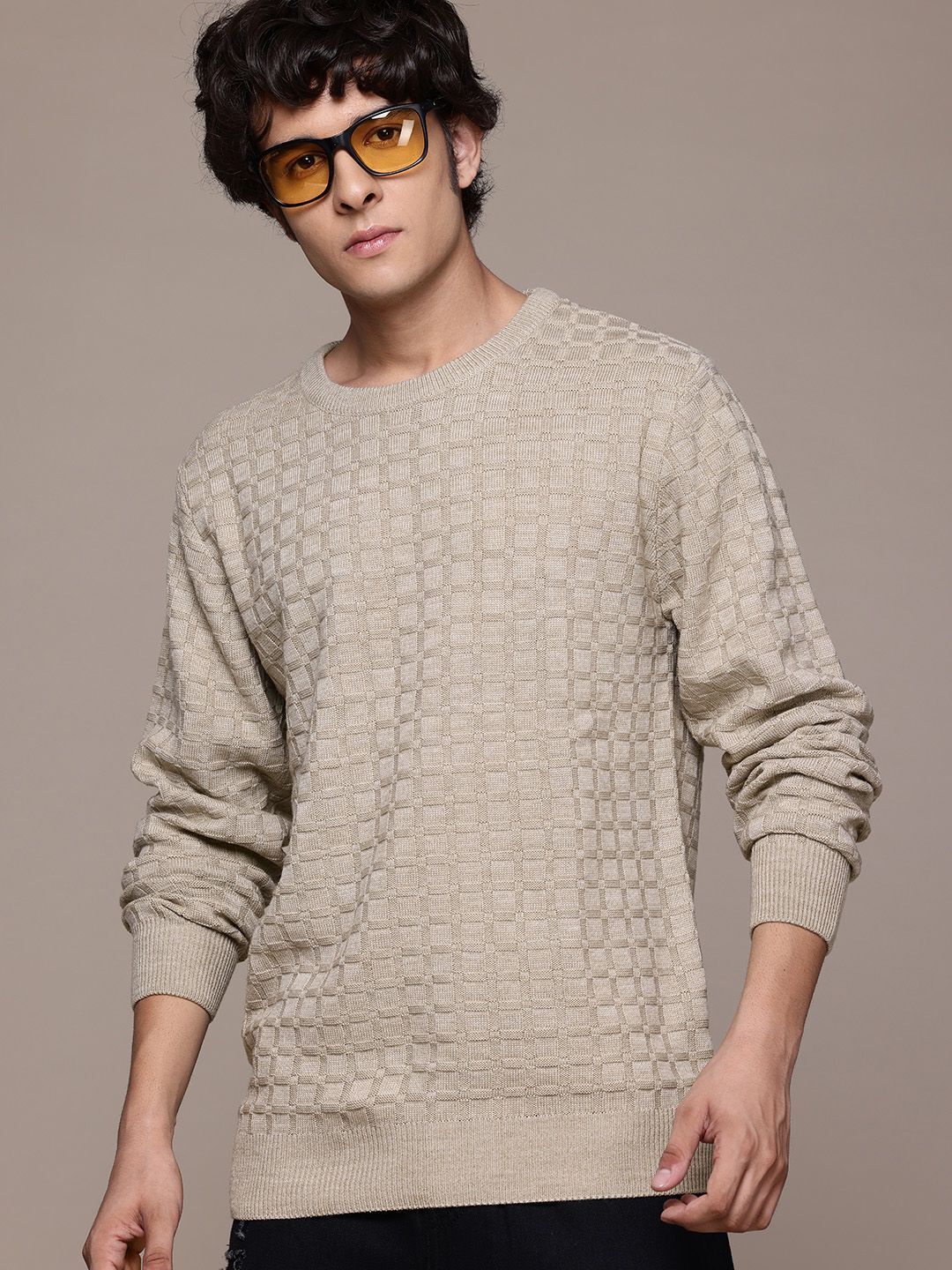 roadster Men Self Design Round Neck Beige Sweater-picture-22