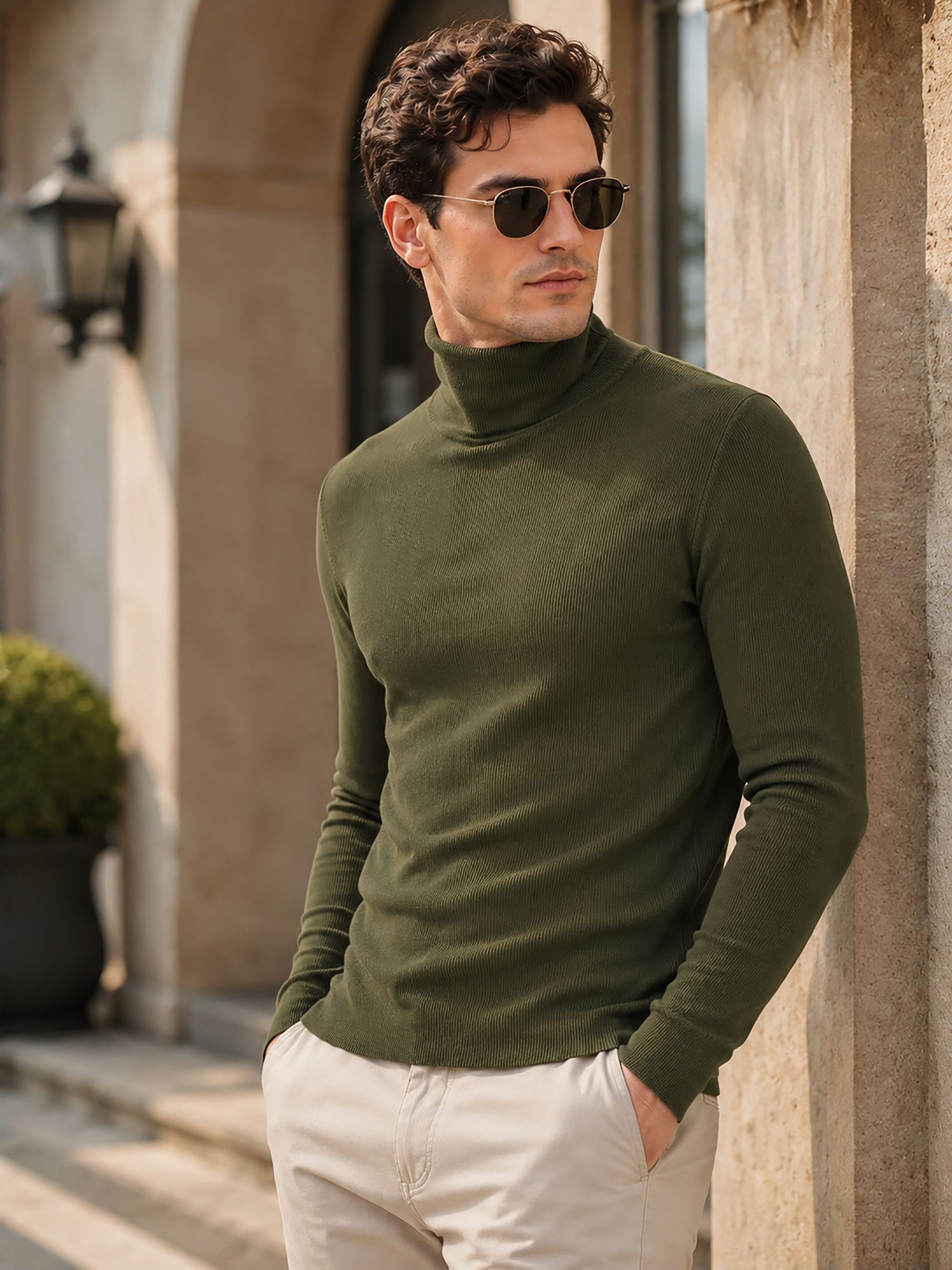 Men Solid High Neck Green Sweater-image-28