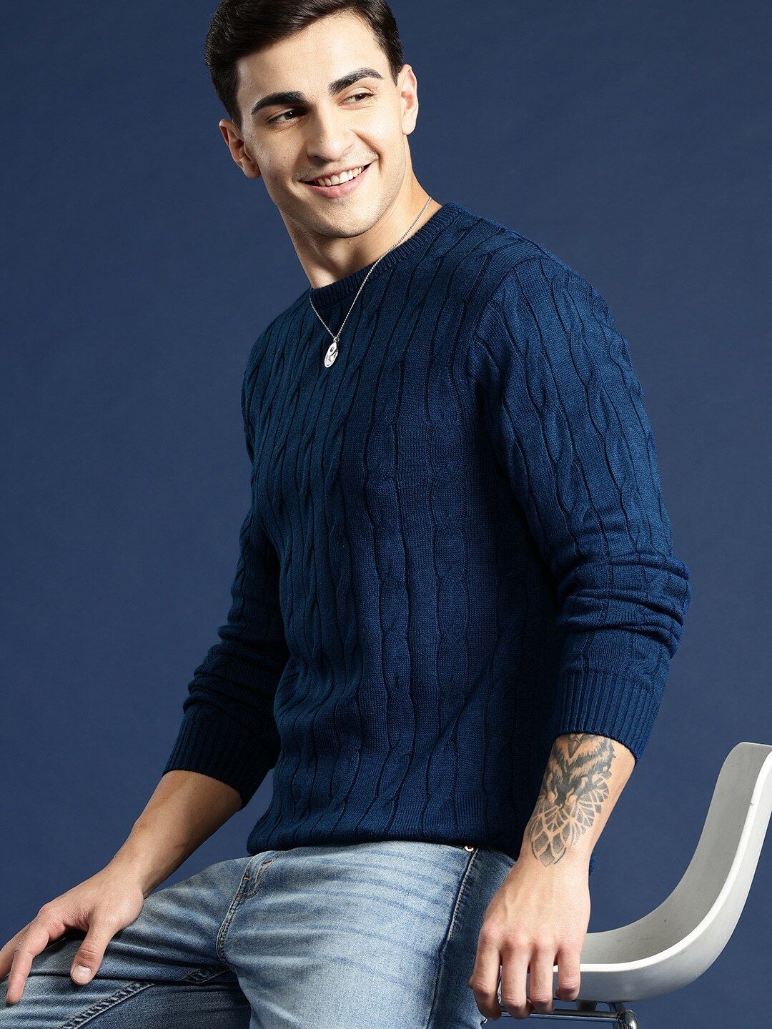 mast & harbour Men Self Design Round Neck Blue Sweater-picture-21