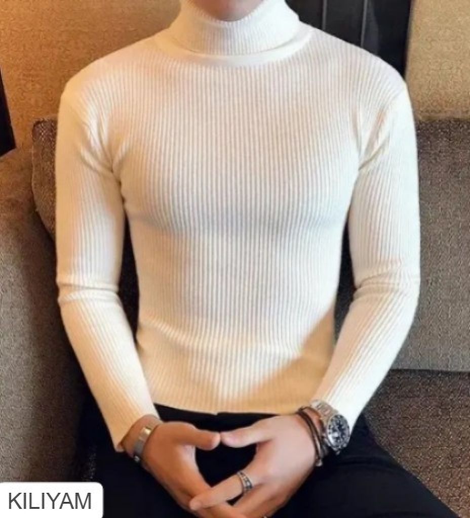 Men Solid High Neck White Sweater