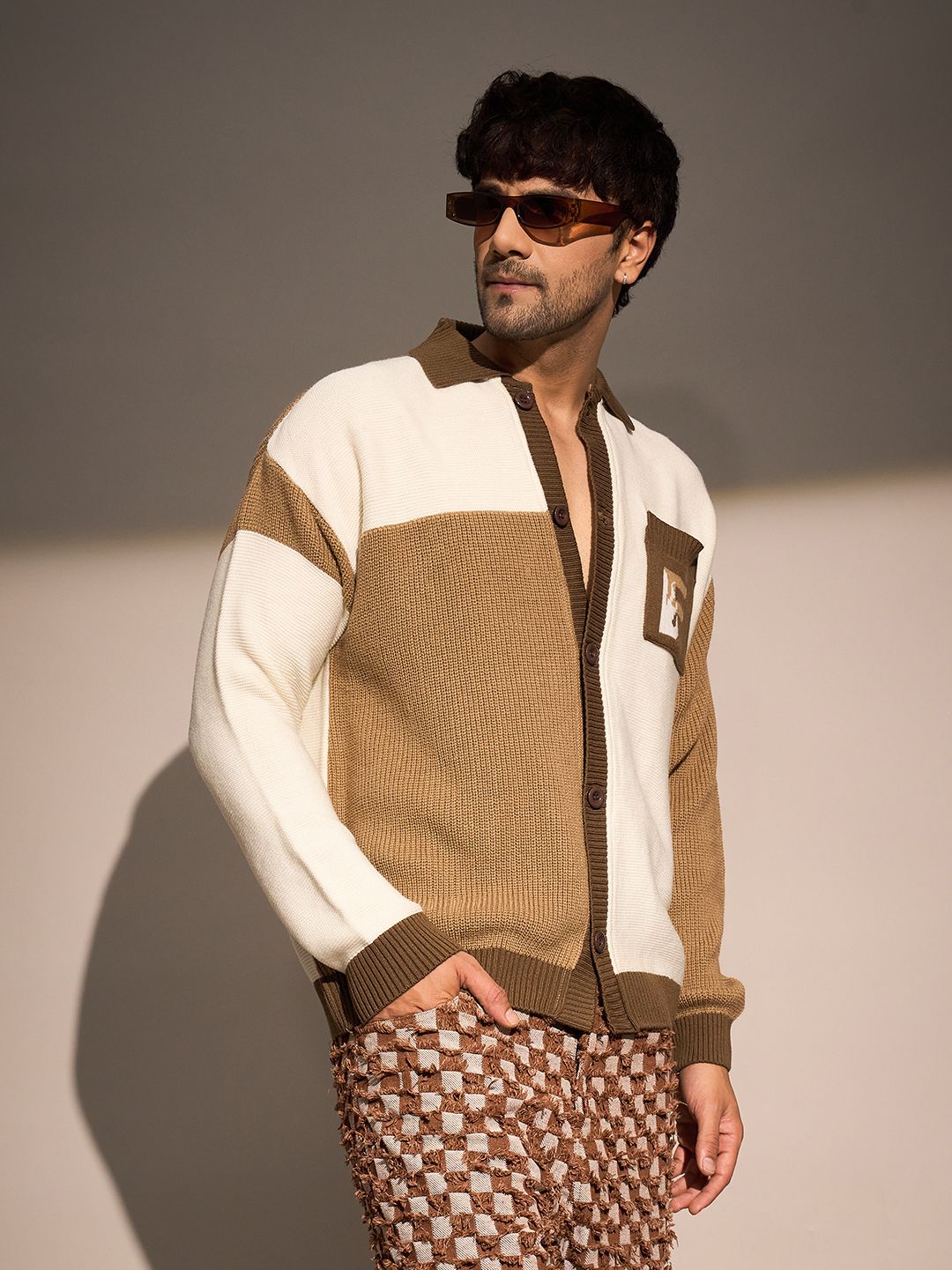 fugazee Men Colorblock Collared Neck Beige, Brown Sweater-picture-16