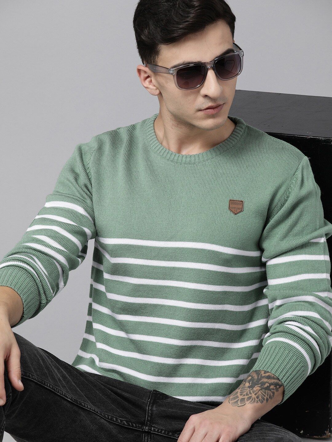 roadster Men Striped Round Neck Blue, White Sweater-picture-16