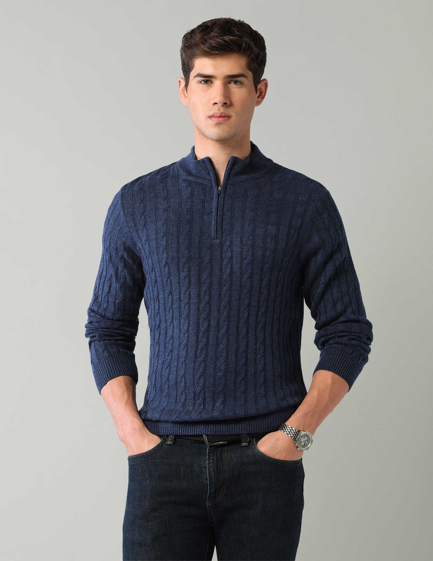 ad by arvind Men Self Design High Neck Blue Sweater-picture-30