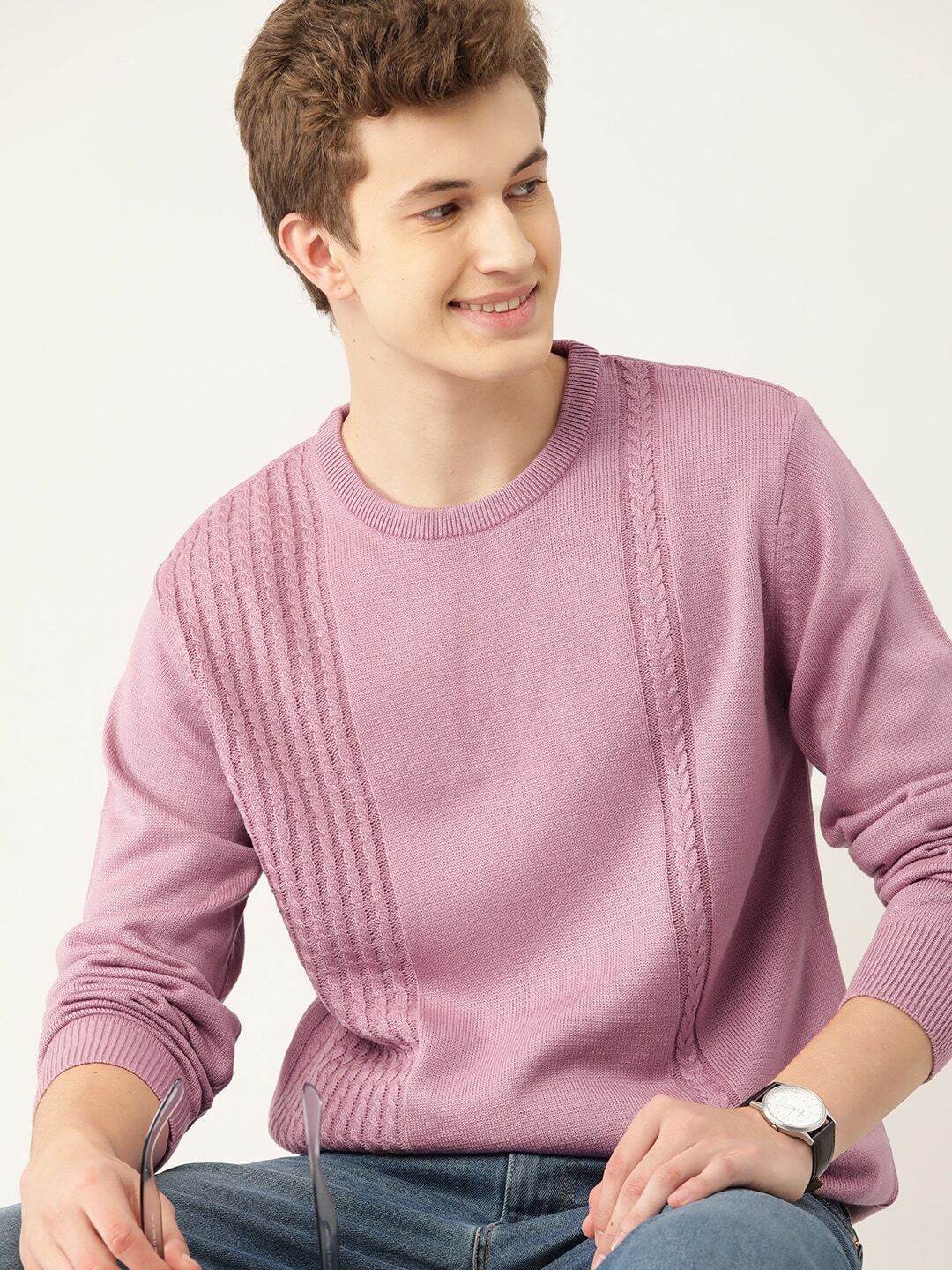 mast & harbour Men Self Design Round Neck Pink Sweater-picture-24