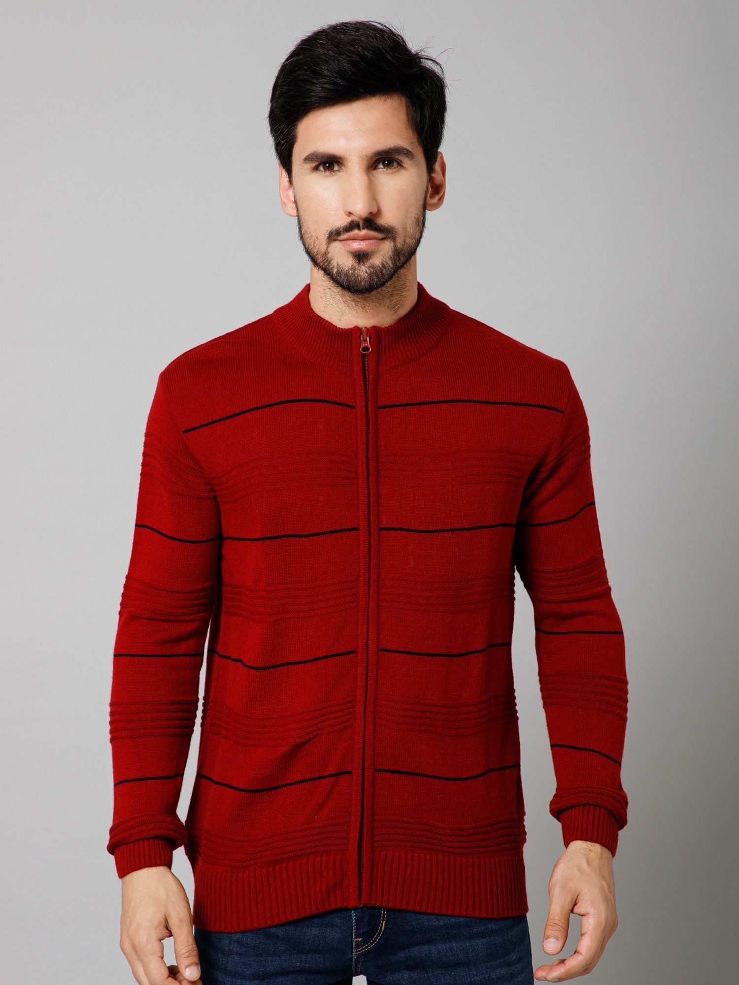 cantabil Men Self Design Turtle Neck Red Sweater-picture-23