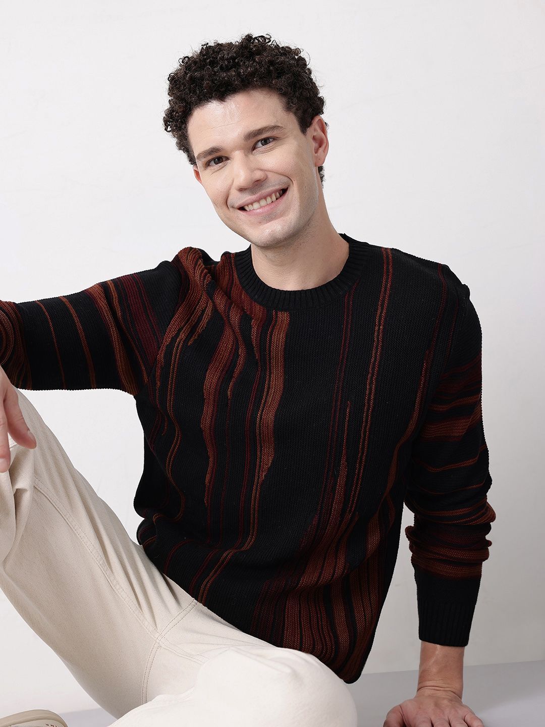 mast & harbour Men Self Design Round Neck Black, Brown Sweater-picture-10
