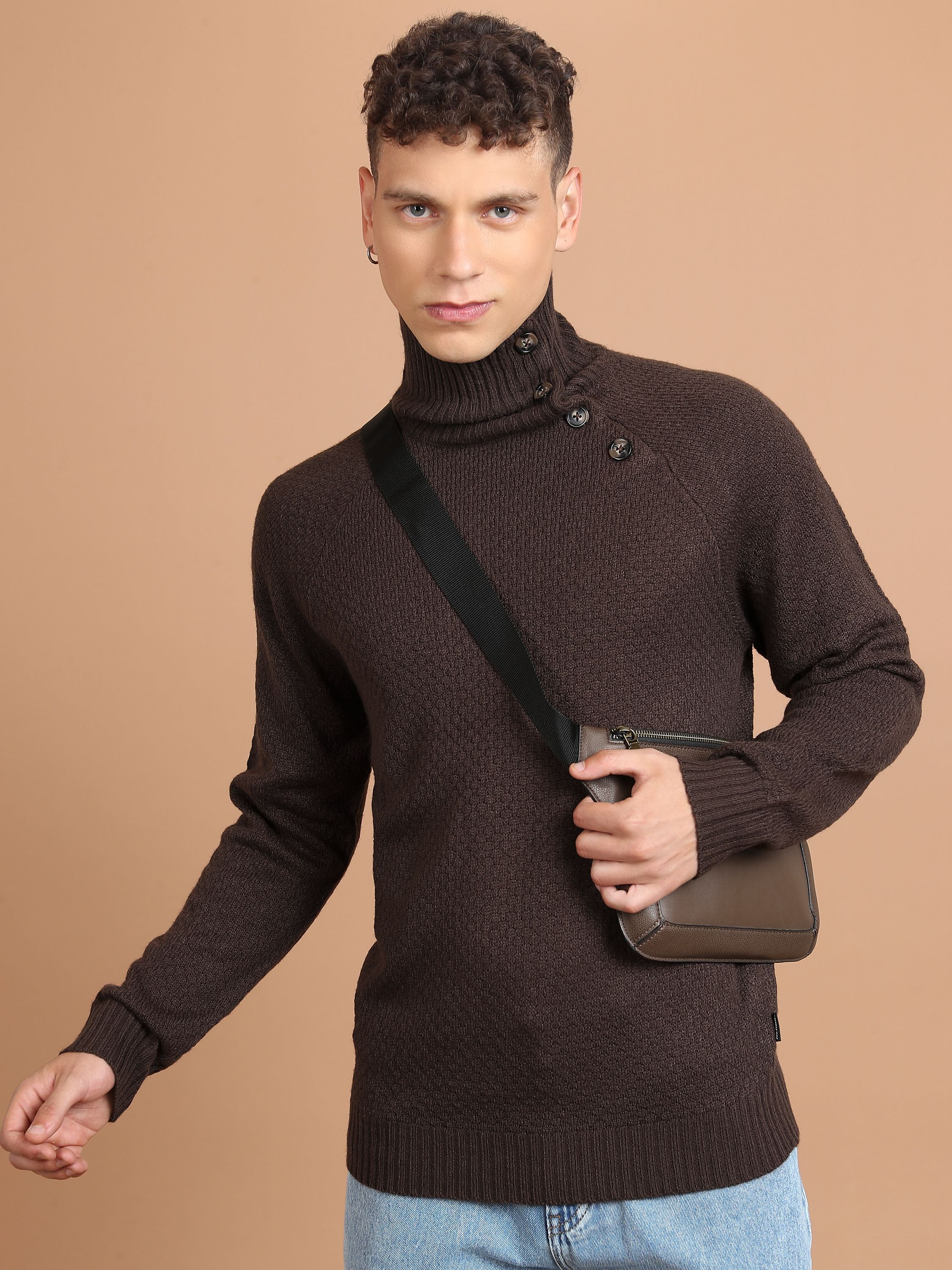 highlander Men Solid High Neck Brown Sweater-picture-14