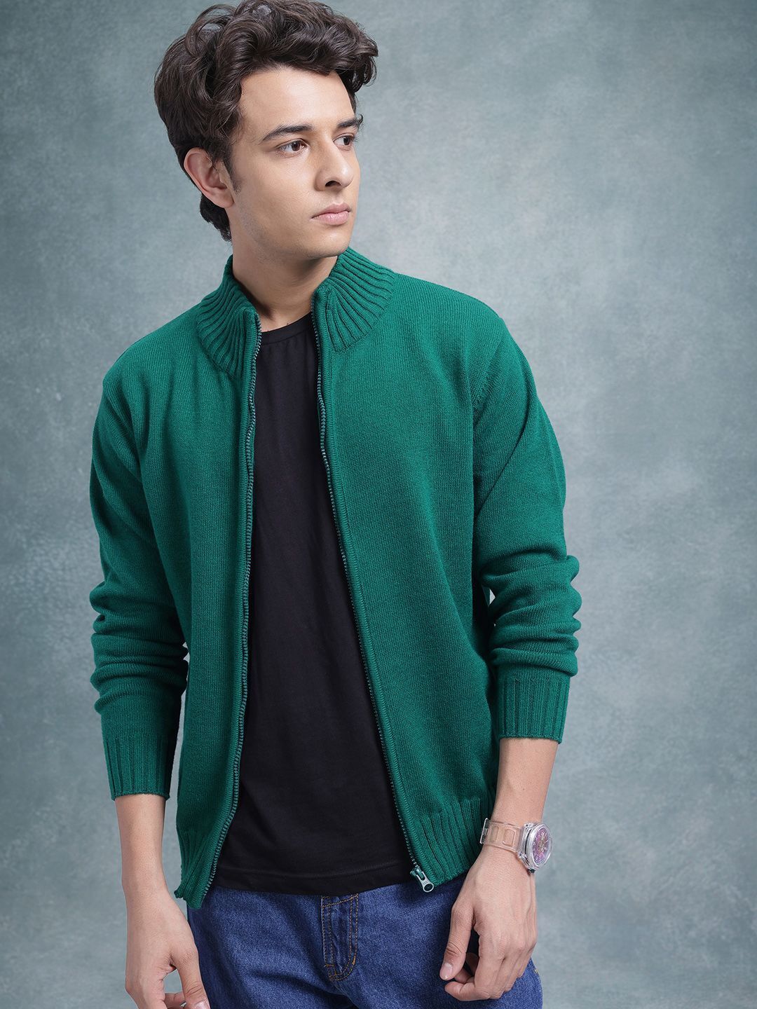 roadster Men Solid High Neck Green Sweater-picture-13