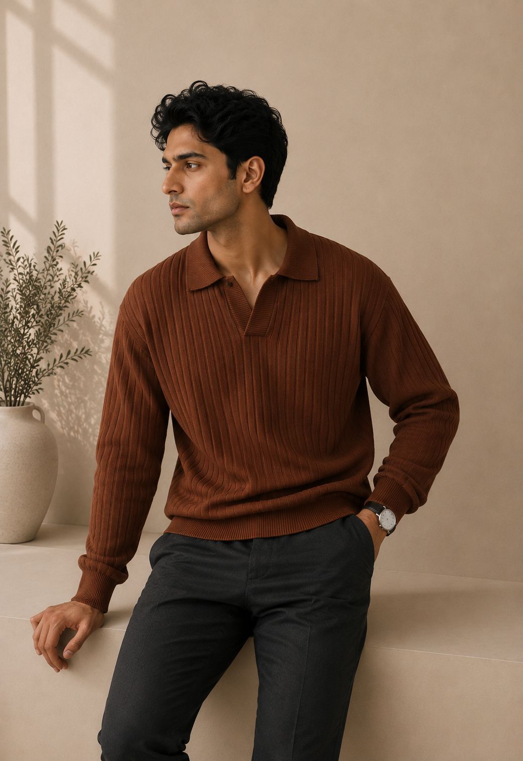 karamkar Men Self Design Collared Neck Brown Sweater-picture-27