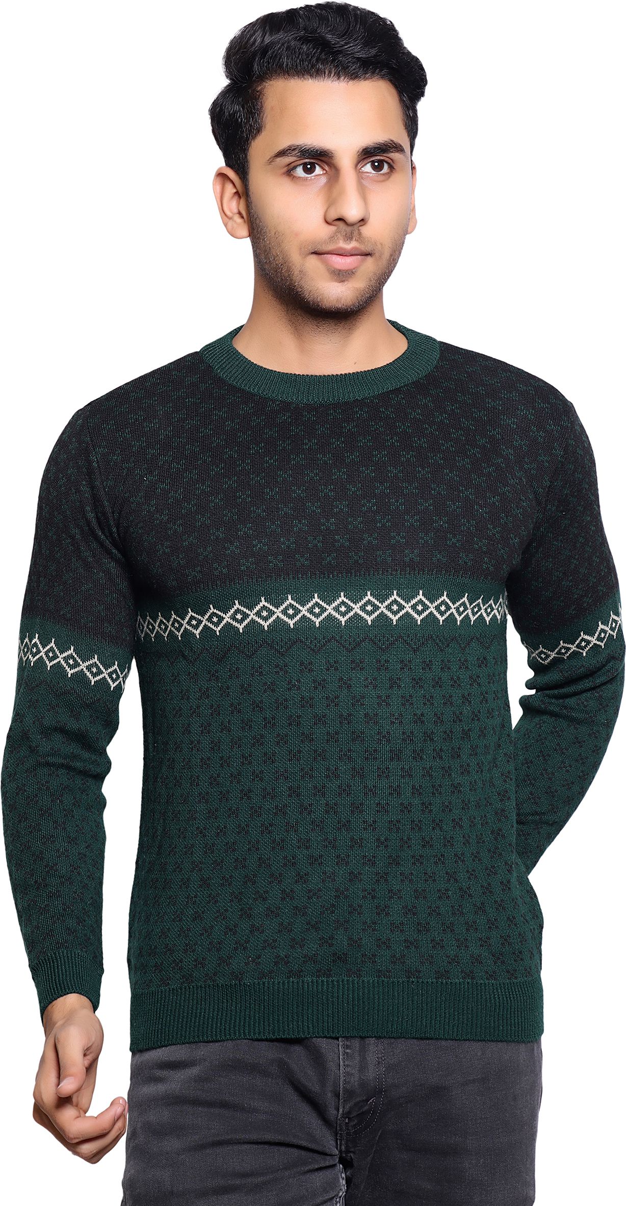 grand line Men Woven Crew Neck Green, Black Sweater-picture-13