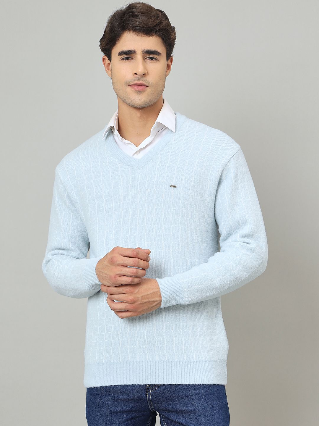 Men Self Design V Neck Blue Sweater-image-38