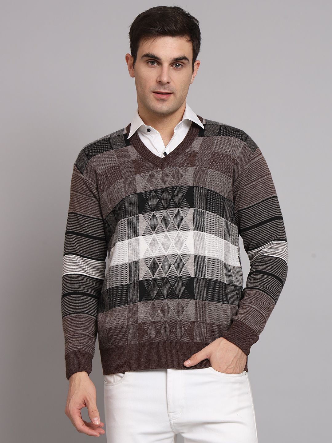 ewools Men Striped V Neck Brown Sweater-picture-18