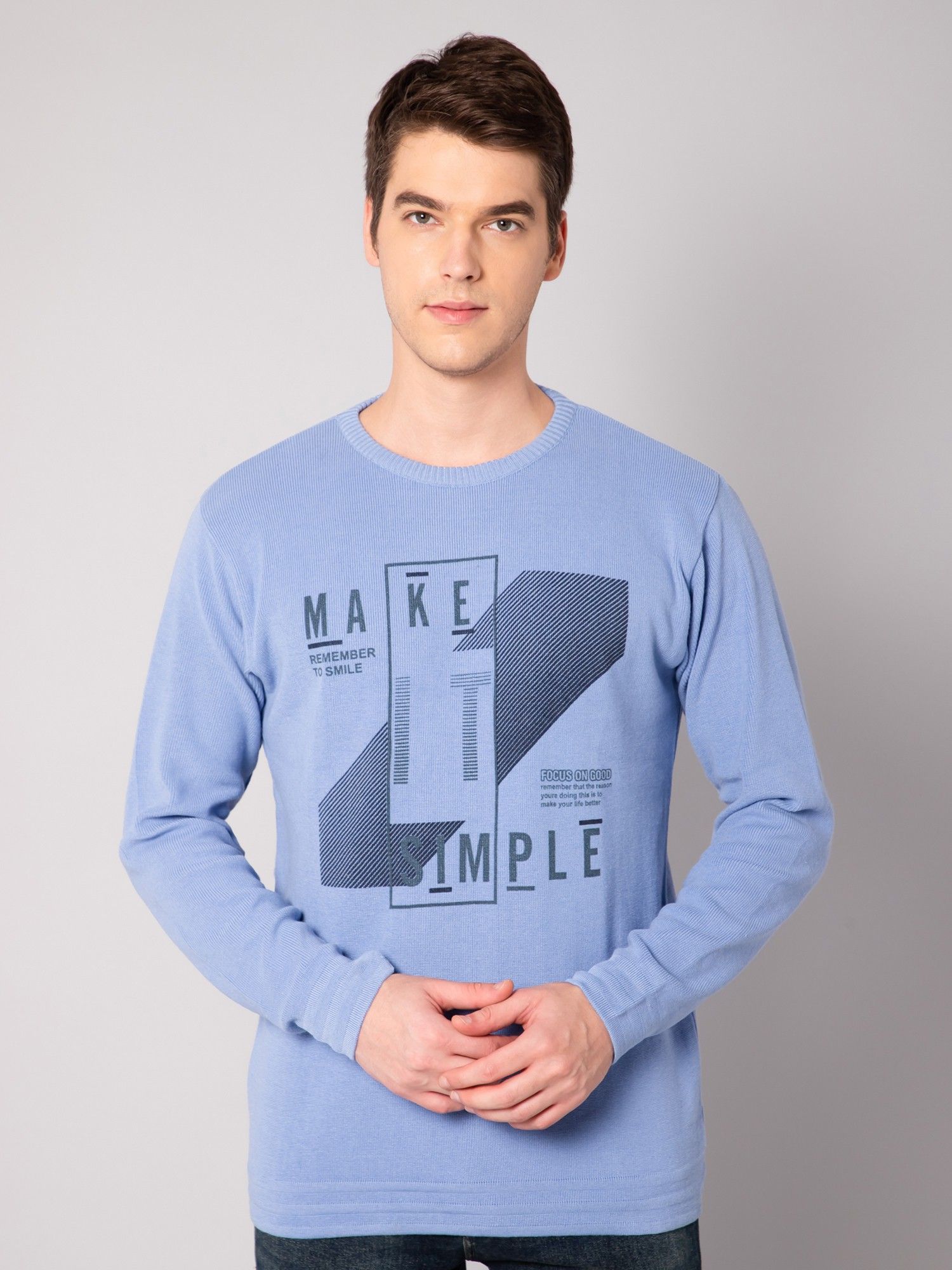 Men Printed Round Neck Light Blue Sweater-image-41