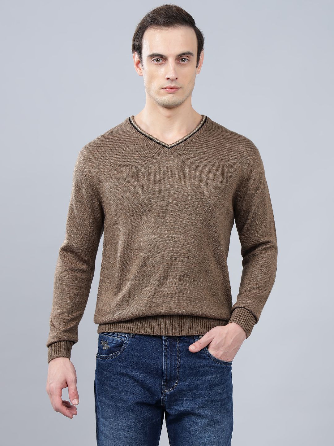 cantabil Men Self Design V Neck Brown Sweater-picture-30