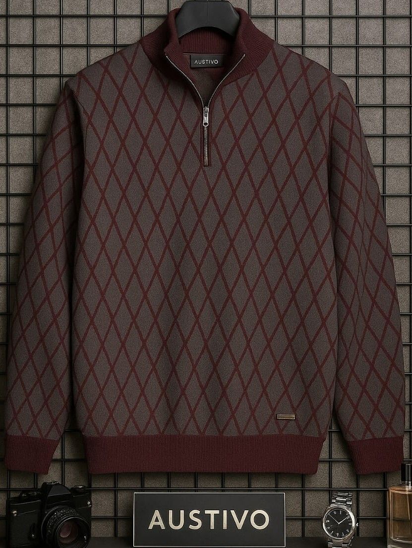 austivo Men Printed Round Neck Maroon Sweater-picture-24