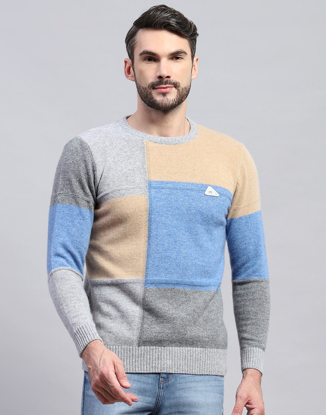 monte carlo Men Colorblock Round Neck Grey, Multicolor Sweater-picture-17