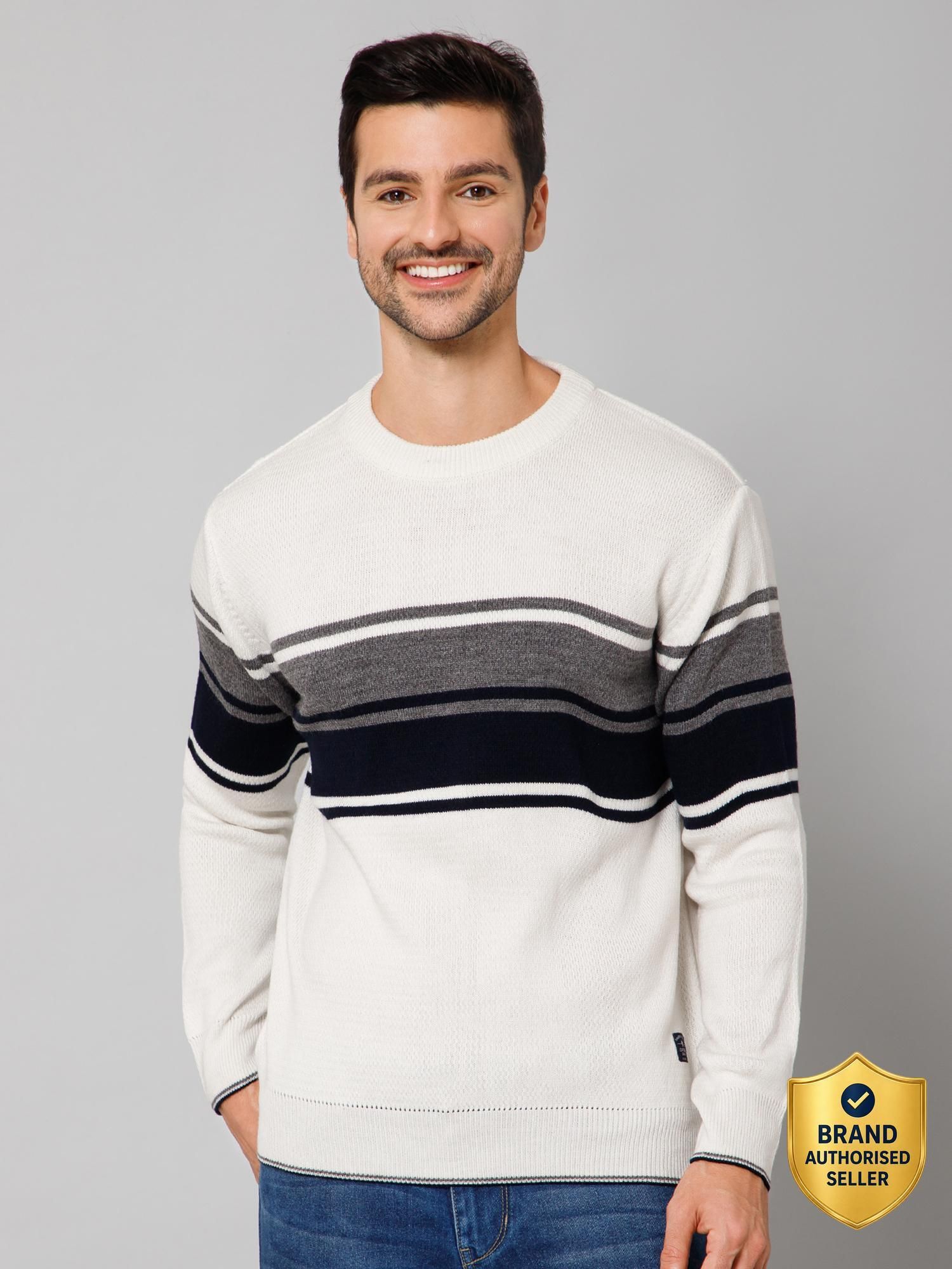 Men Striped Round Neck White Sweater-image-38