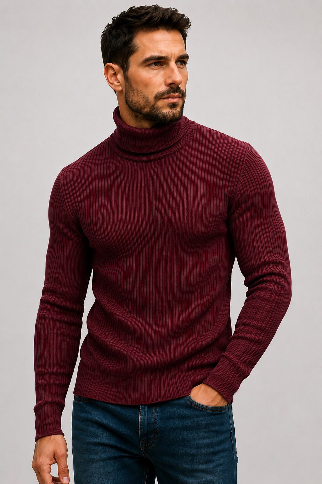 Men Self Design High Neck Maroon Sweater-image-37