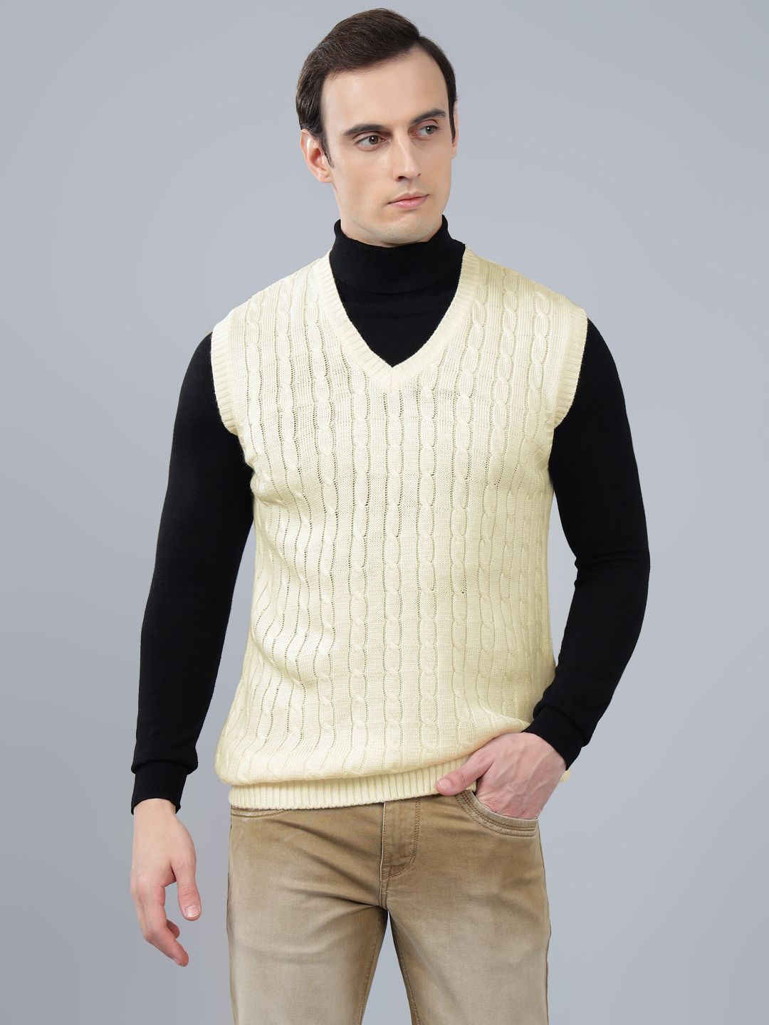 cantabil Men Self Design V Neck White Sweater-picture-31