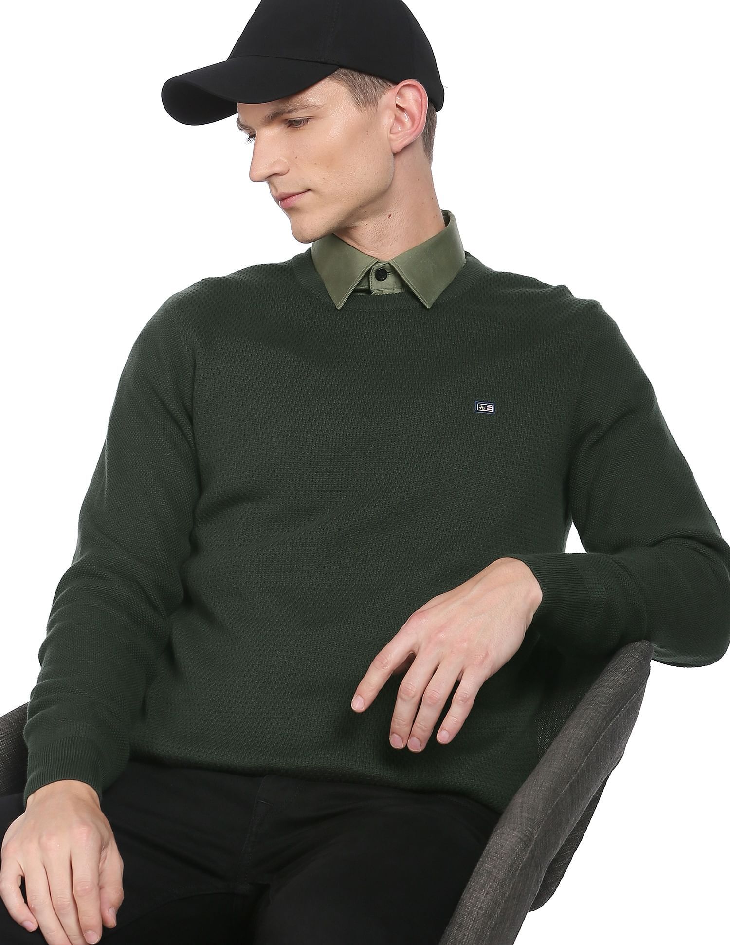 arrow sport Men Self Design Round Neck Green Sweater-picture-10
