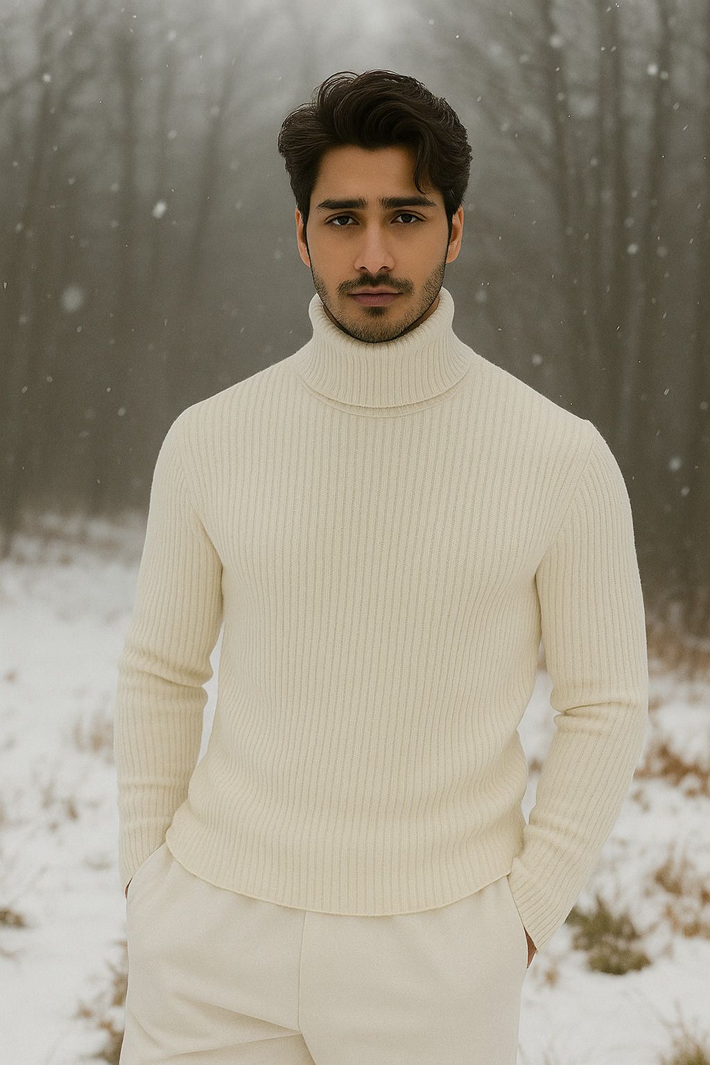 Men Solid High Neck White Sweater